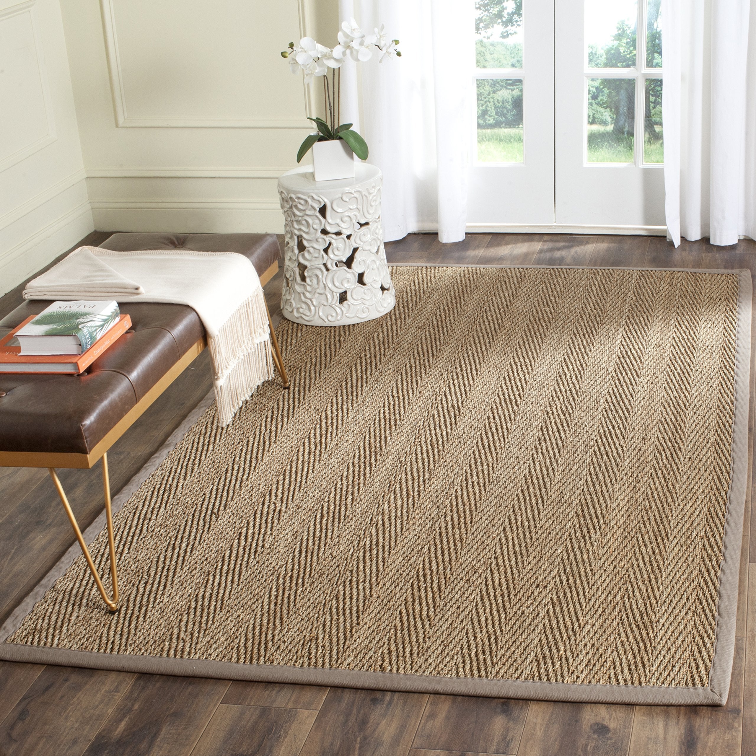 SAFAVIEH Natural Fiber Collection Accent Rug - 4 x 6, Natural & Grey, Border Herringbone Seagrass Design, Easy Care, Ideal for