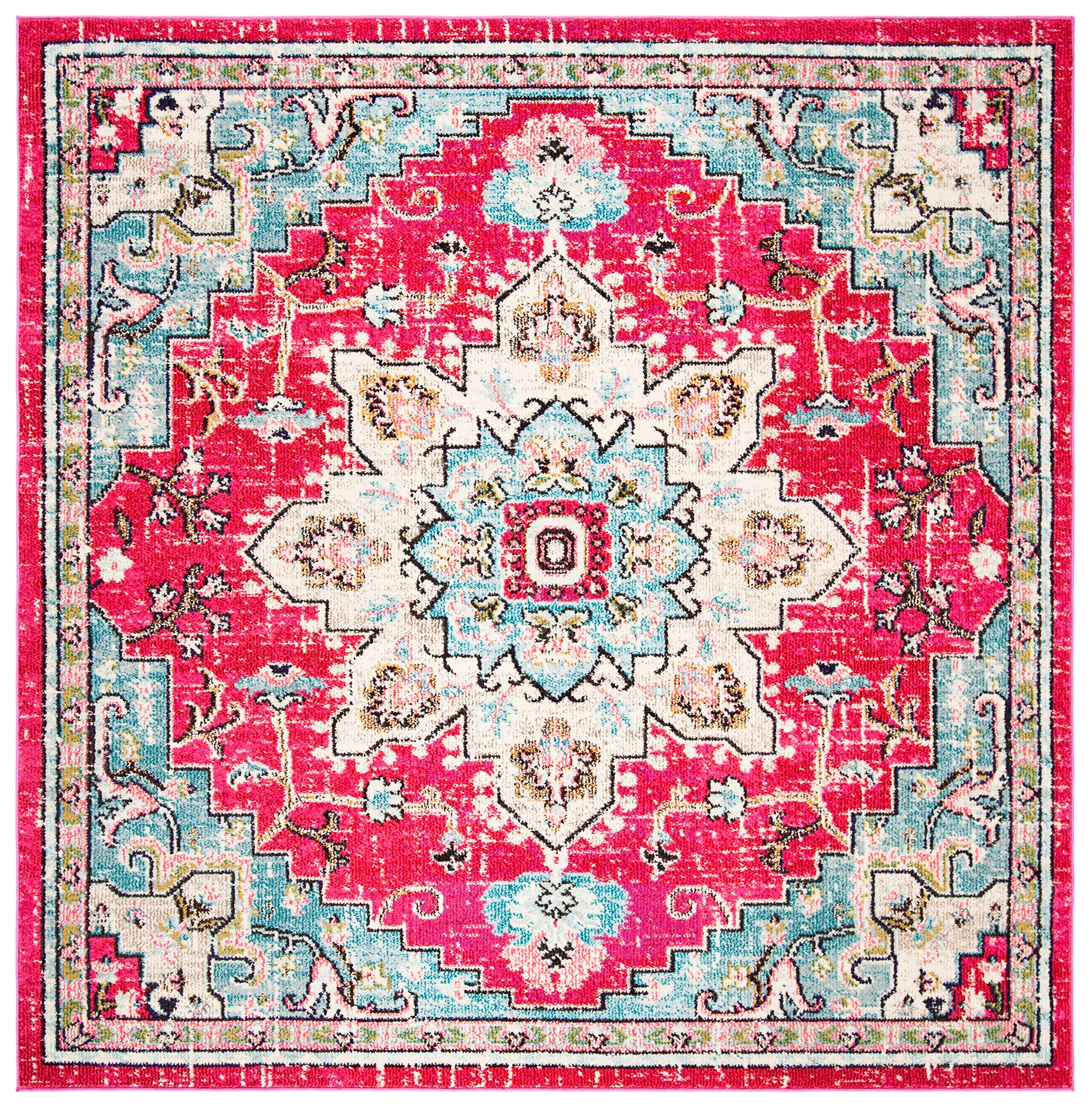 SAFAVIEH Madison Collection Area Rug - 4 Square, Fuchsia/Blue, Geometric Design, Ideal for High Traffic Areas in Living Room, B