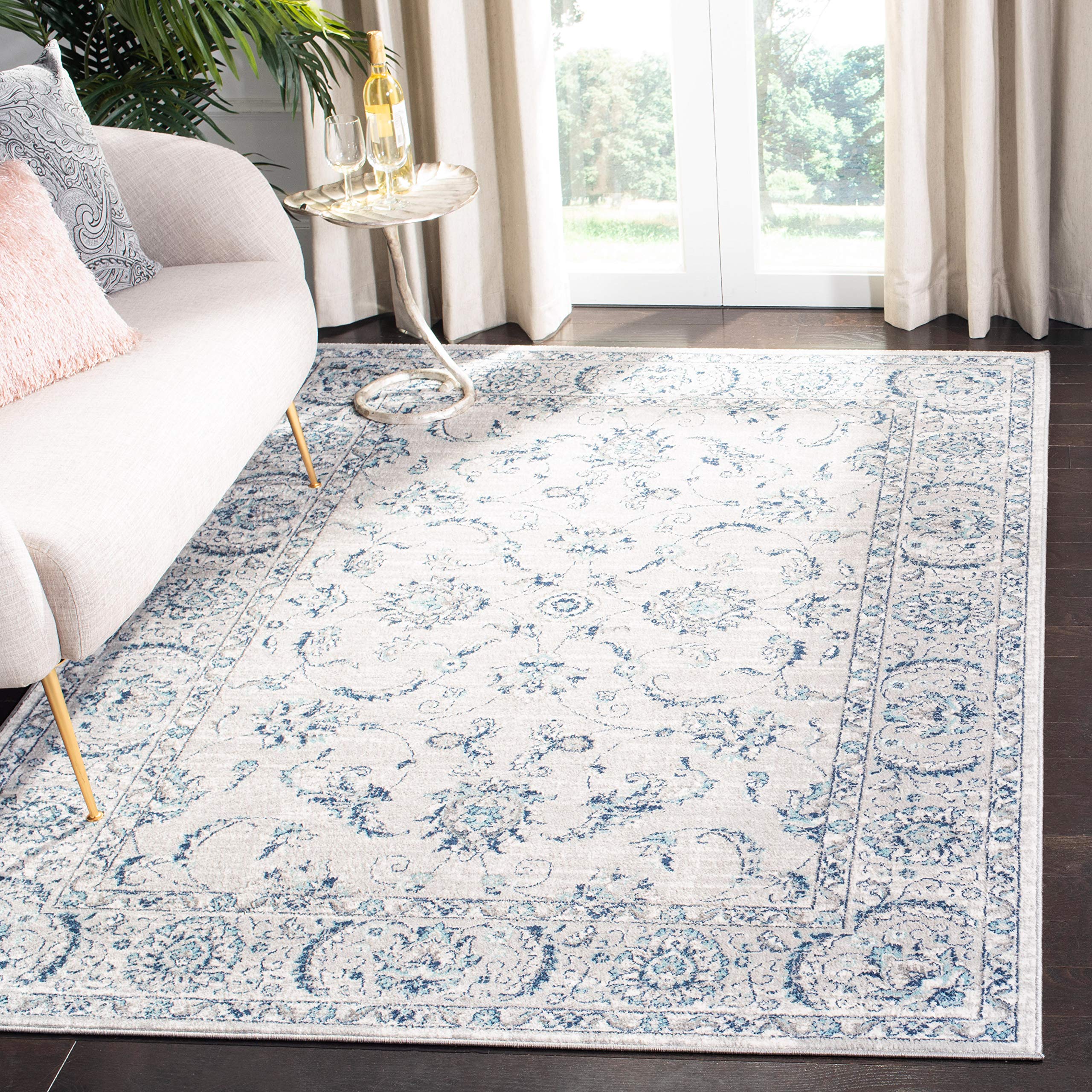 SAFAVIEH Brentwood Collection 53 x 76 Light Grey/Blue BNT854G Oriental Floral Scroll Non-Shedding Living Room Bedroom Dining H
