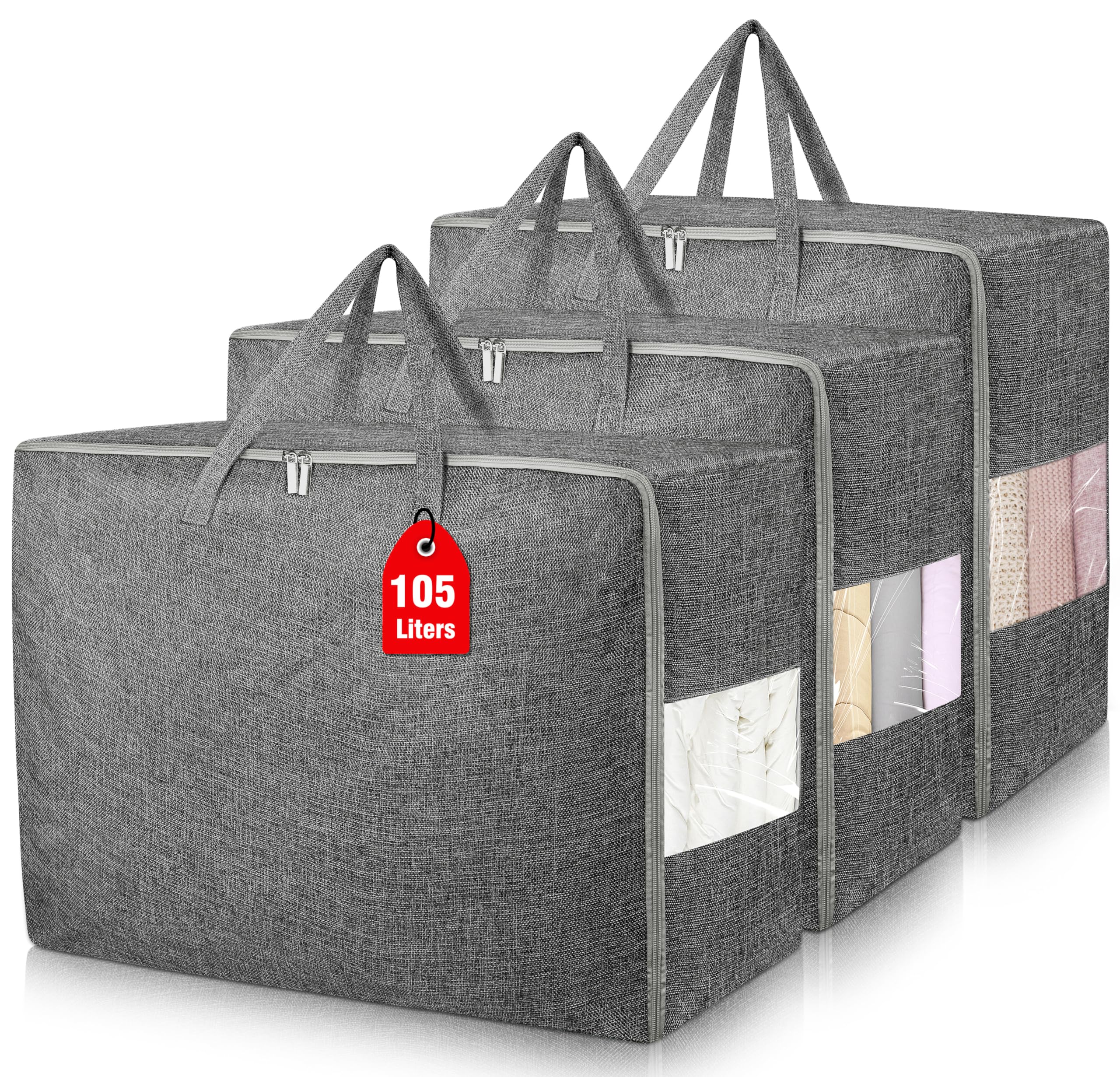 3Pack 105L Extra Large Storage Bags, Folding Comforter Blanket Storage Bags Closet Organizers and Storage Containers for Clothes