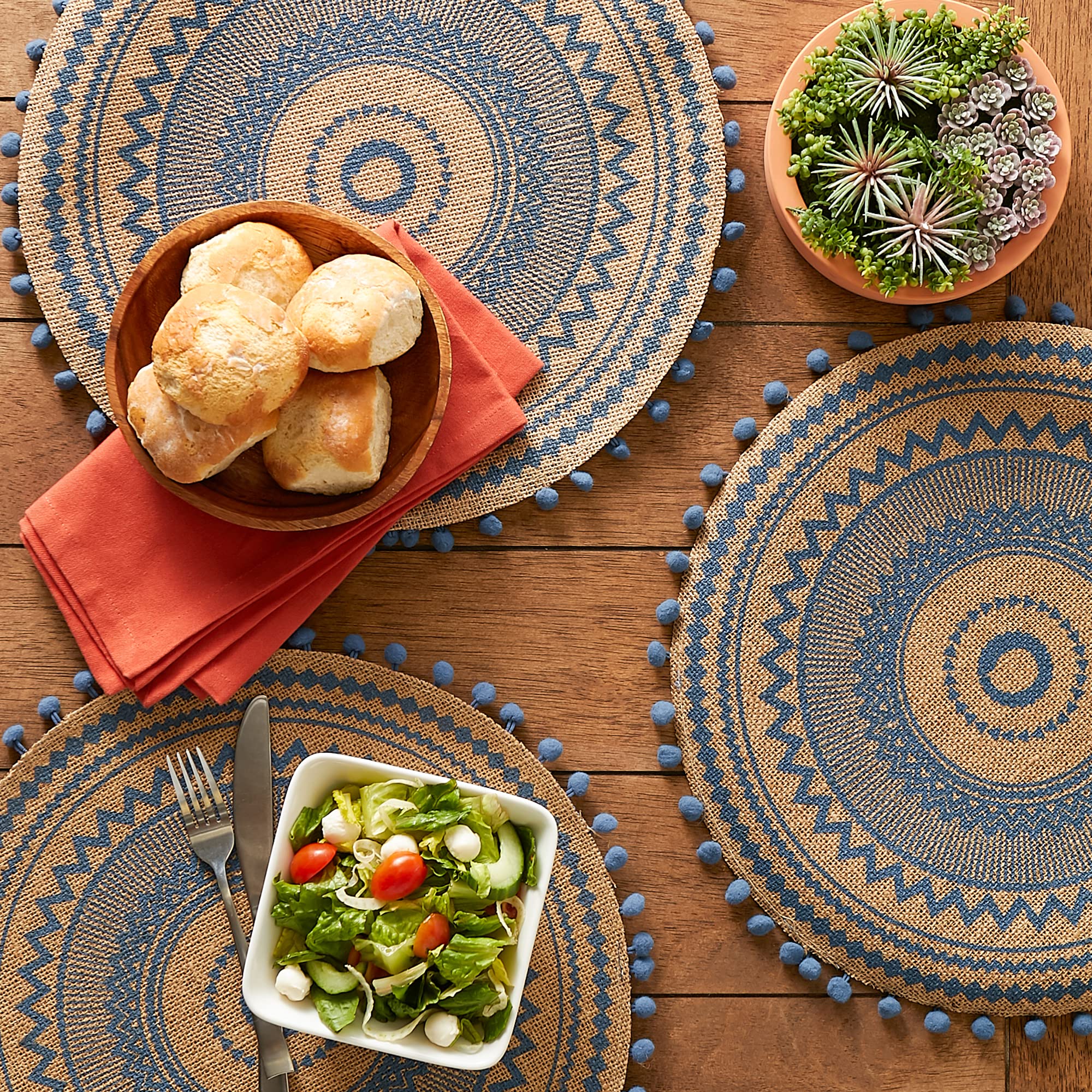 Dii Woven Tabletop Collection Natural Jute, Placemat Set, 15'' Round, French Blue Aztec Print, 6 Piece