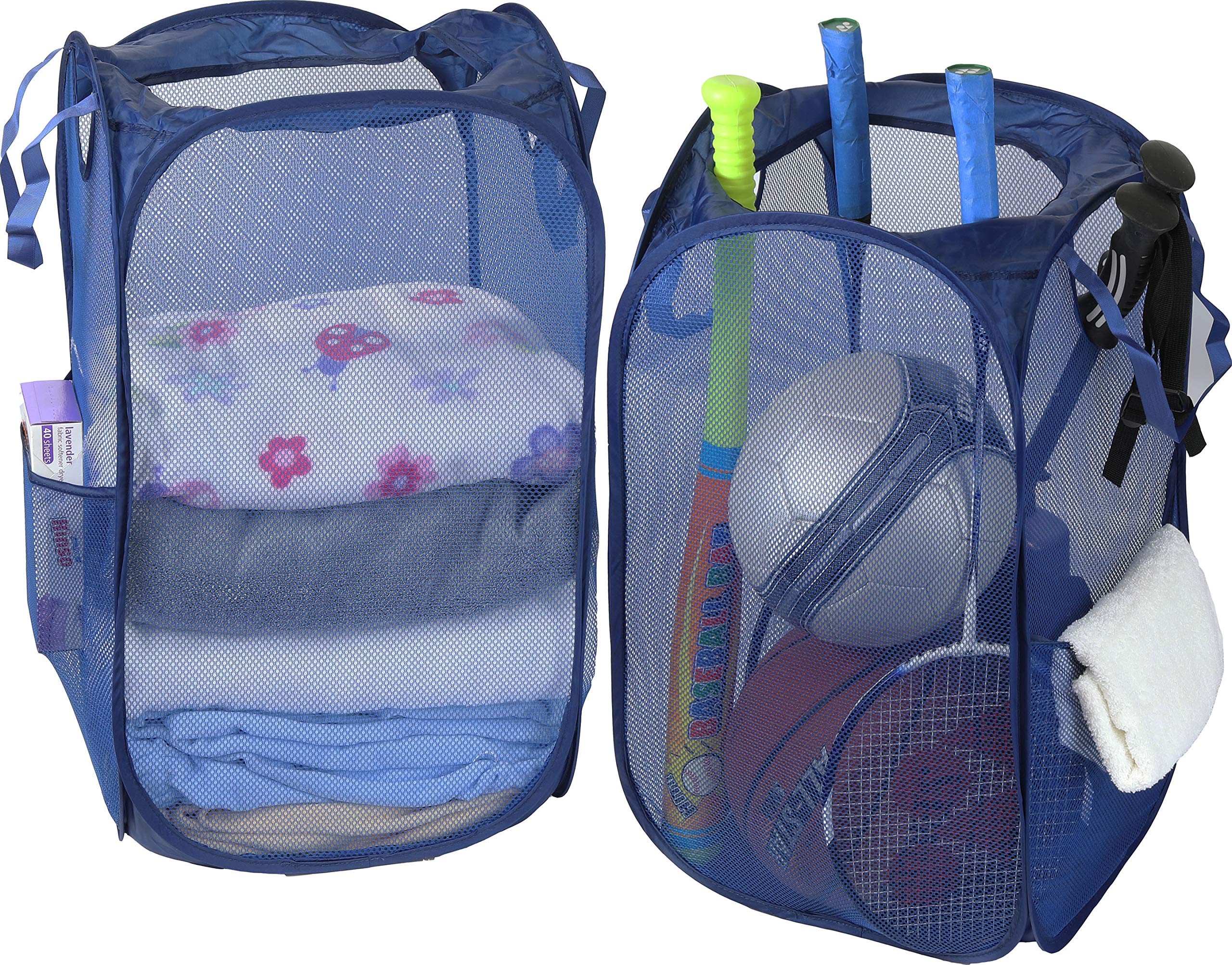 2 Pack - SimpleHouseware Mesh Pop-Up Laundry Hamper Basket with Side Pocket  Dark Blue