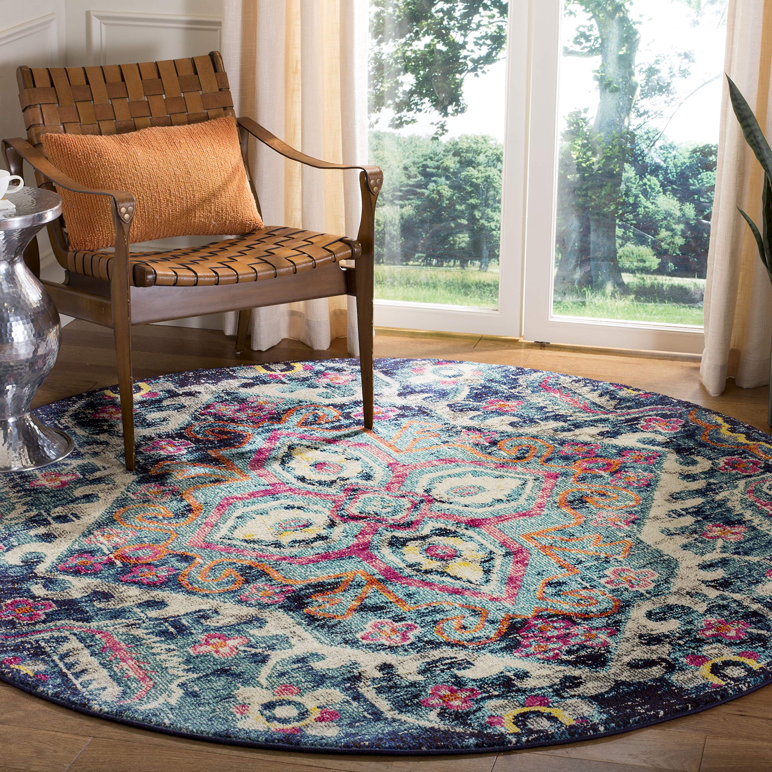 SAFAVIEH Monaco Collection 67 Round Blue / Fuchsia MNC252J Boho Chic Medallion Distressed Non-Shedding Dining Room Entryway Foy