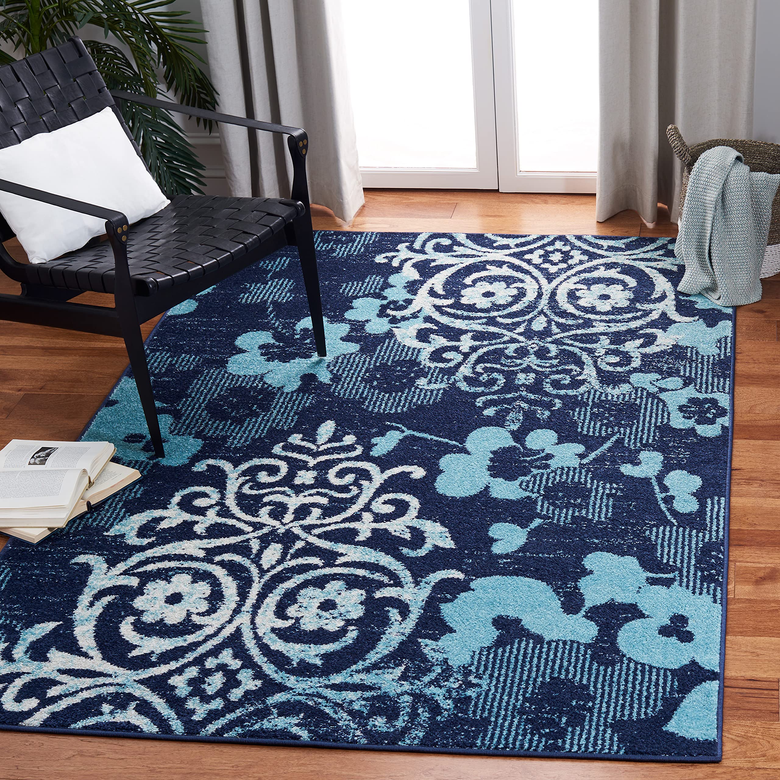 SAFAVIEH Adirondack Collection Area Rug - 55 x 77, Navy & Aqua, Floral Glam Damask Distressed Design, Non-Shedding & Easy Care