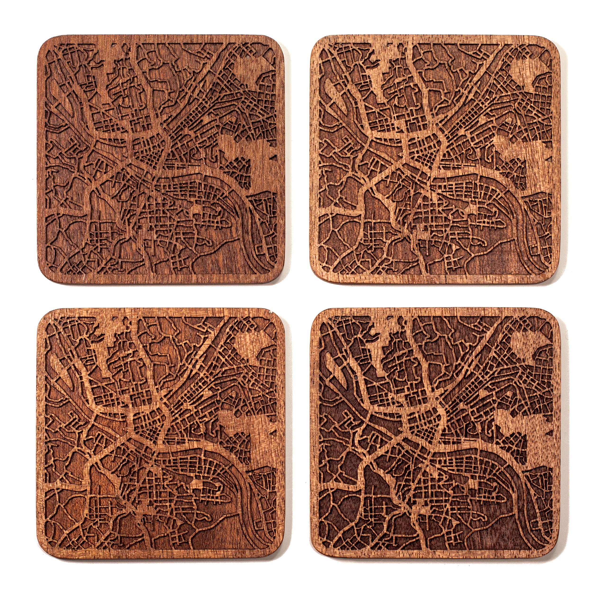 Pittsburgh Map Coaster By O3 Design Studio, Set Of 4, Sapele Wooden Coaster With City Map, Handmade
