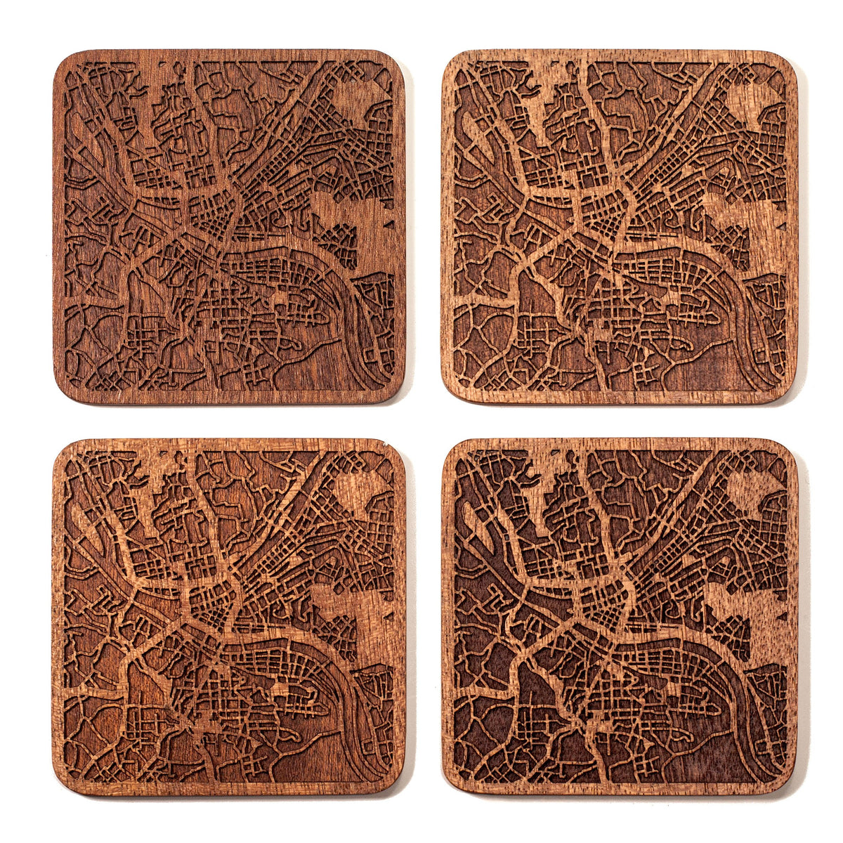 Pittsburgh Map Coaster By O3 Design Studio, Set Of 4, Sapele Wooden Coaster With City Map, Handmade