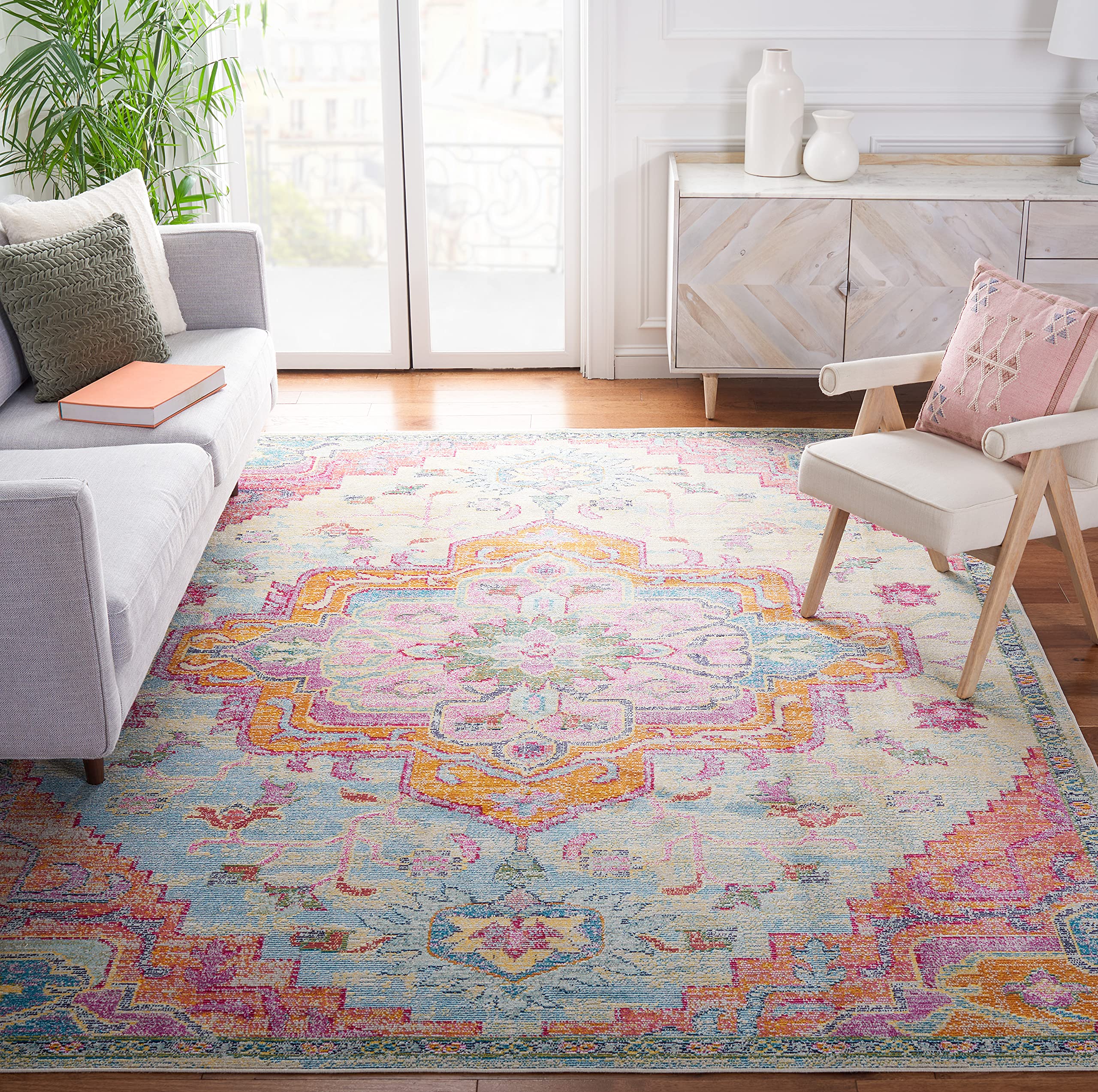 Safavieh Crystal Collection 8 Square Light Blue/Fuchsia CRS501B Boho Chic Oriental Medallion Distressed Non-Shedding Living Roo