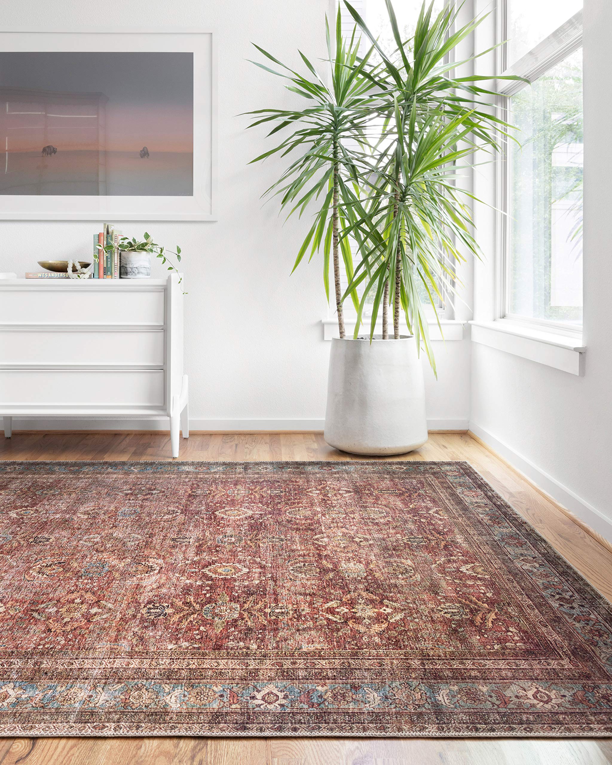 Loloi LAYLA Collection, LAY-01, Brick / Blue, 5-0 x 7-6, .13 Thick, Area Rug, Soft, Durable, Vintage Inspired, Distressed, Low