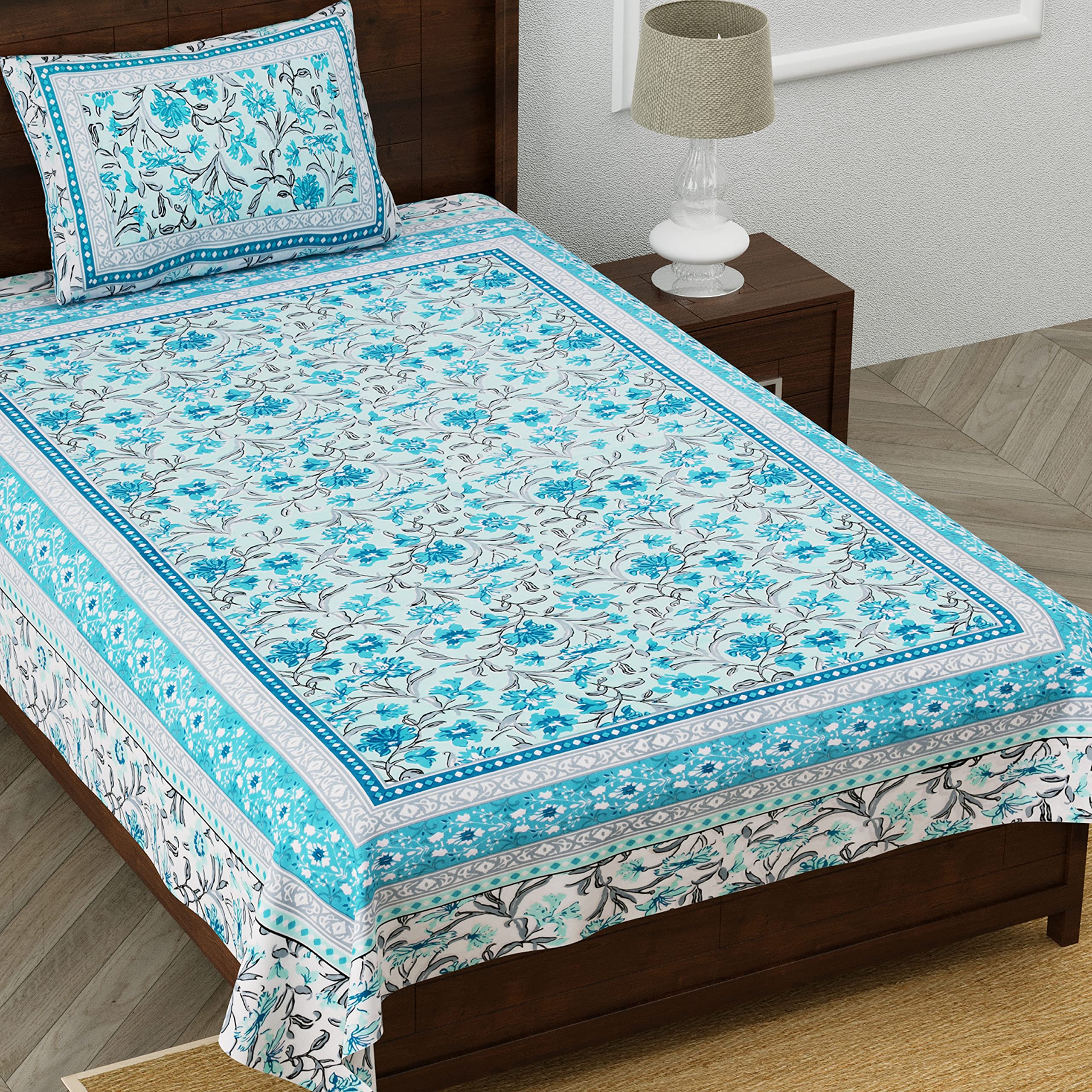 Easygoods Cotton Bedsheet For Single Bedsheet With 1 Pillow Cover 60X90 Inch, Handcrafted Bed Sheets (Blue-2)