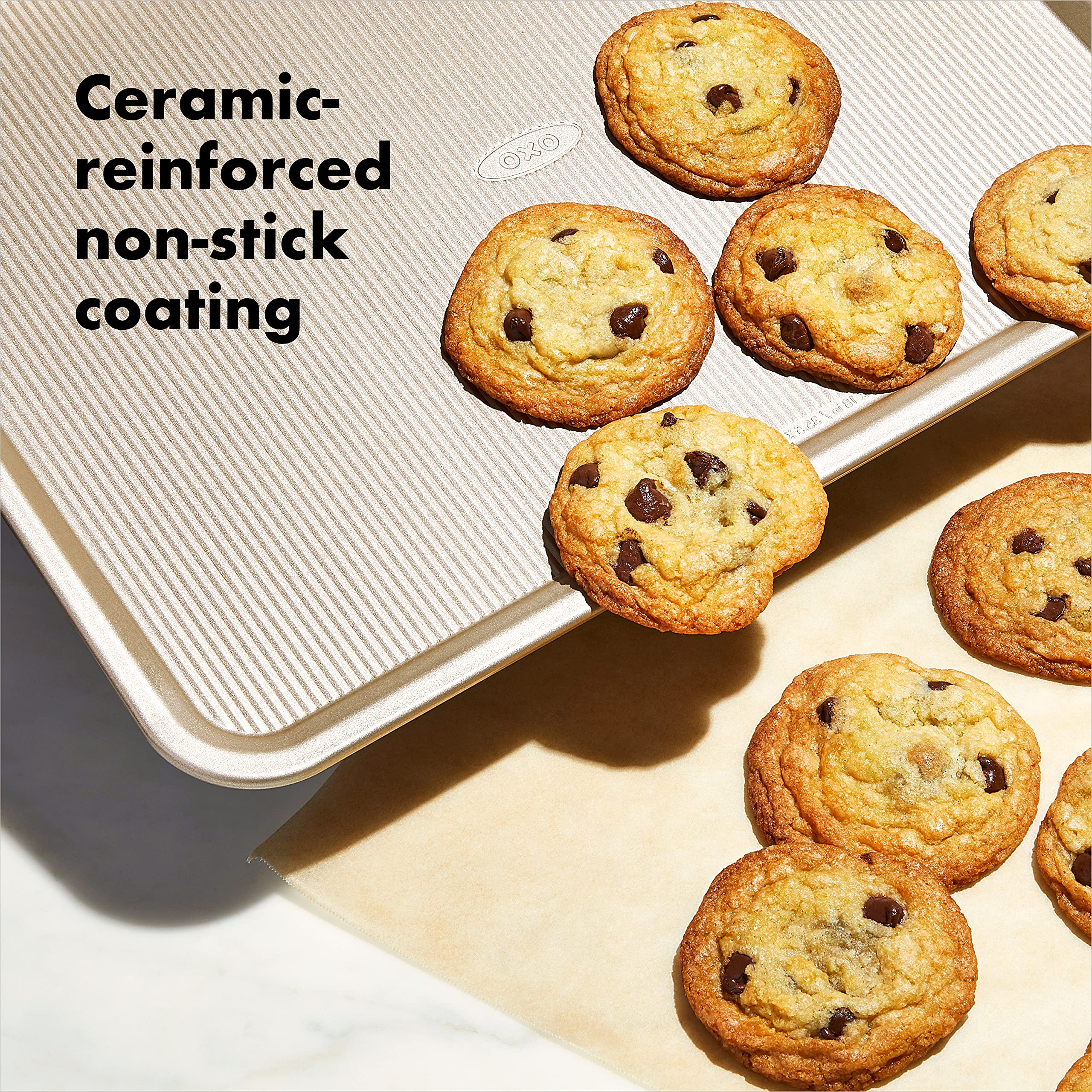 OXO Good Grips Non-Stick Pro Cookie Sheet, Aluminized Steel, 12.25 x 17 in, Gold, Model 11342300