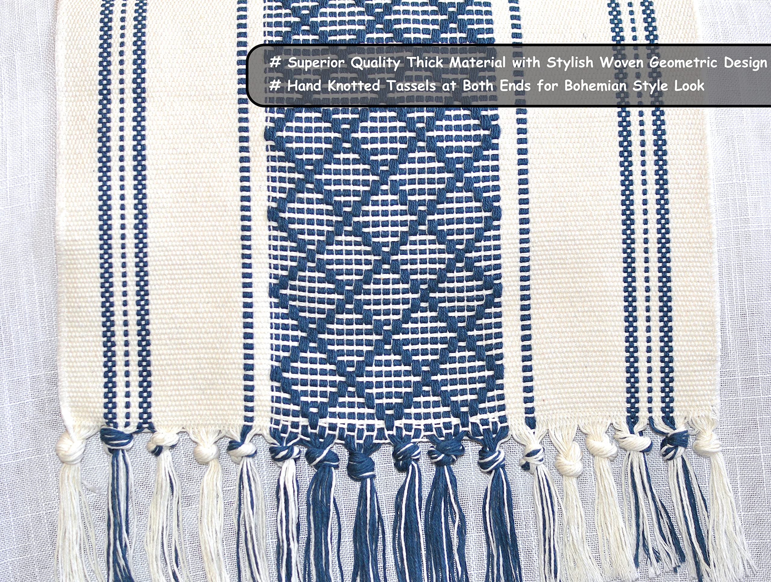 Boho Small Coffee Or Dining Table Runner With Tassels 14 X 48 Inches, Blue & Cream | Woven Washable Dresser Scarf For Bedroom |