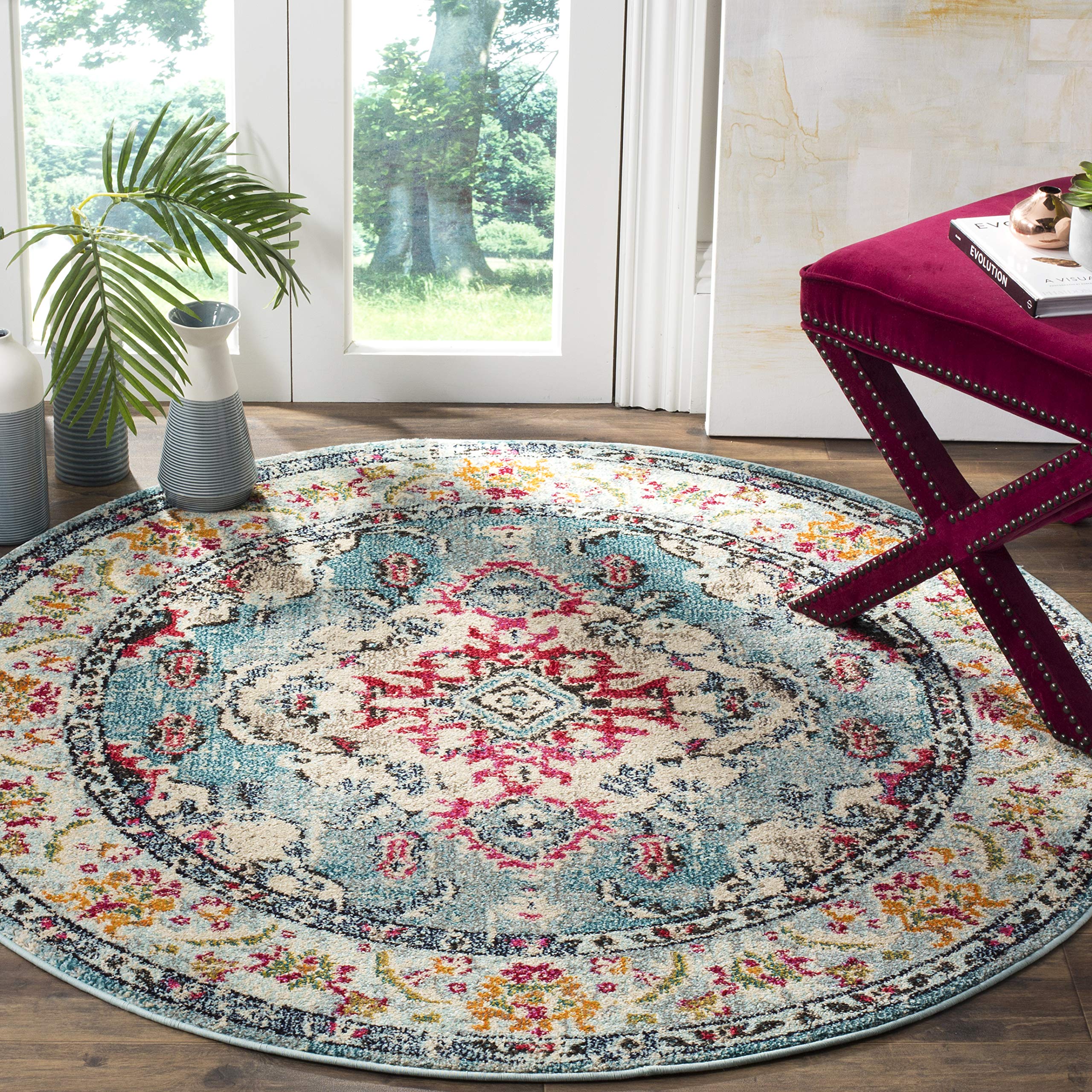 SAFAVIEH Monaco Collection 5 Round Light Blue/Fuchsia MNC243J Boho Chic Medallion Distressed Non-Shedding Dining Room Entryway 