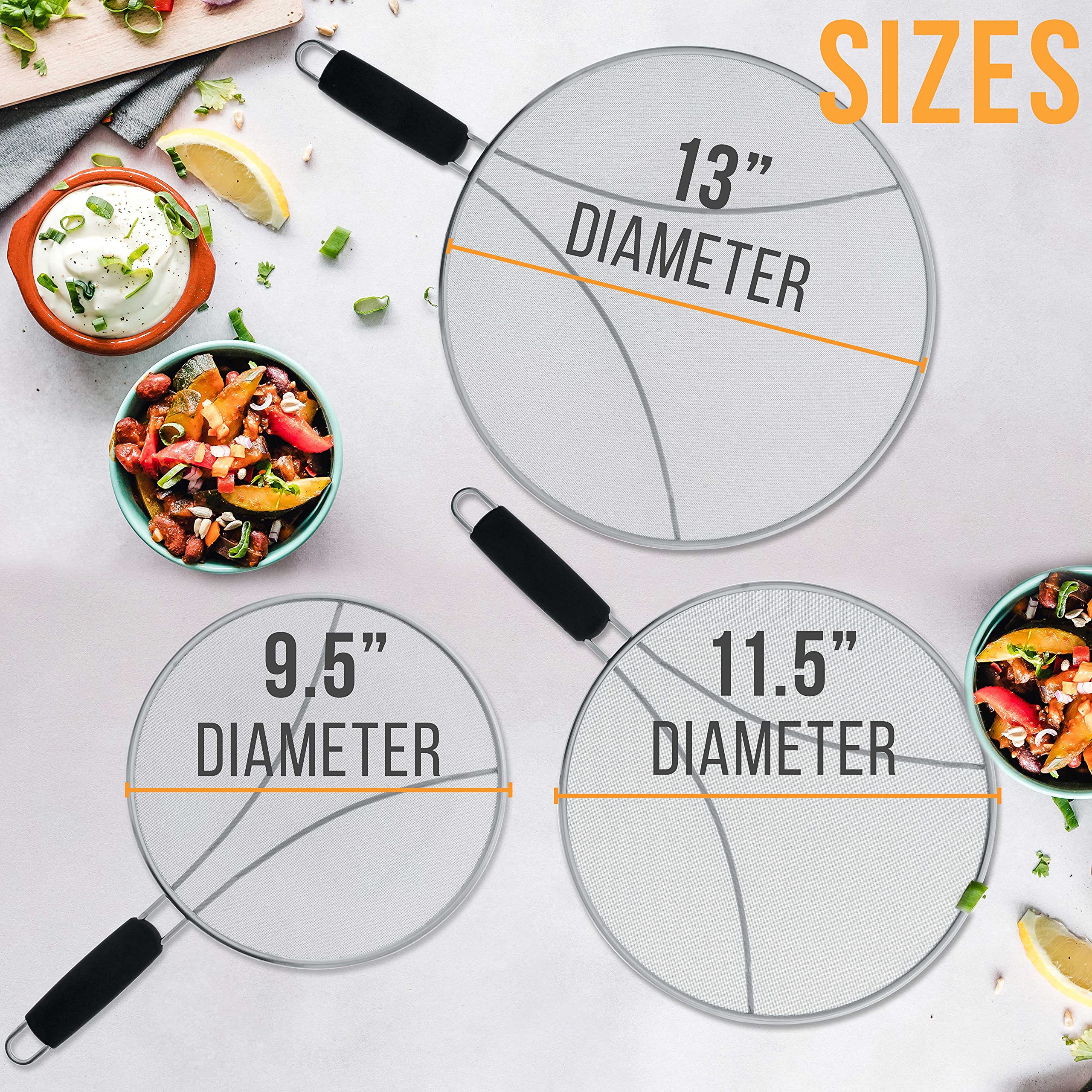 U.S. Kitchen Supply 13'', 11.5'', 9.5'' Stainless Steel Fine Mesh Splatter Screen With Resting Feet Set, Black Comfort Grip Hand