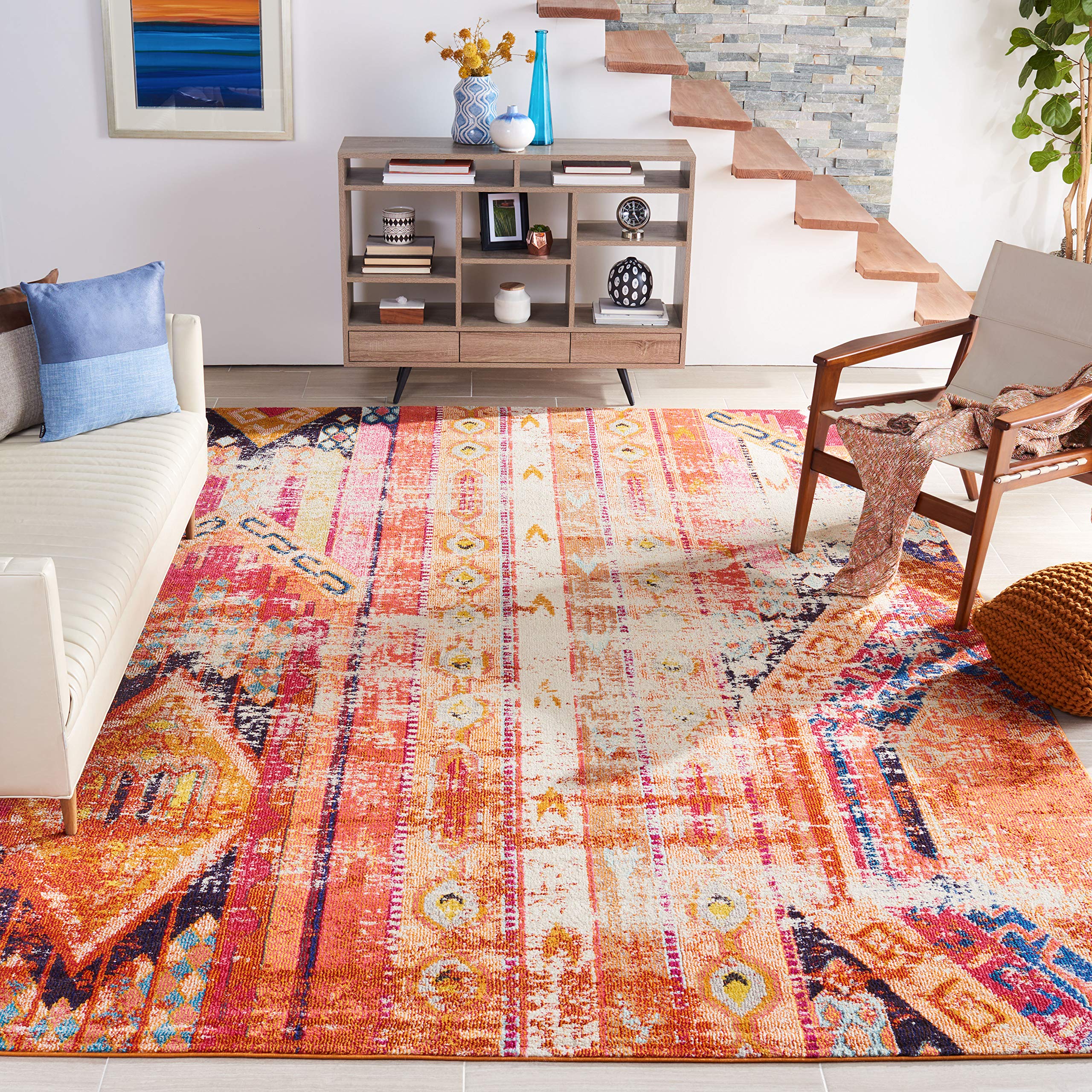 SAFAVIEH Monaco Collection 67 Square Orange / Multi MNC222H Boho Chic Tribal Distressed Non-Shedding Living Room Bedroom Dining