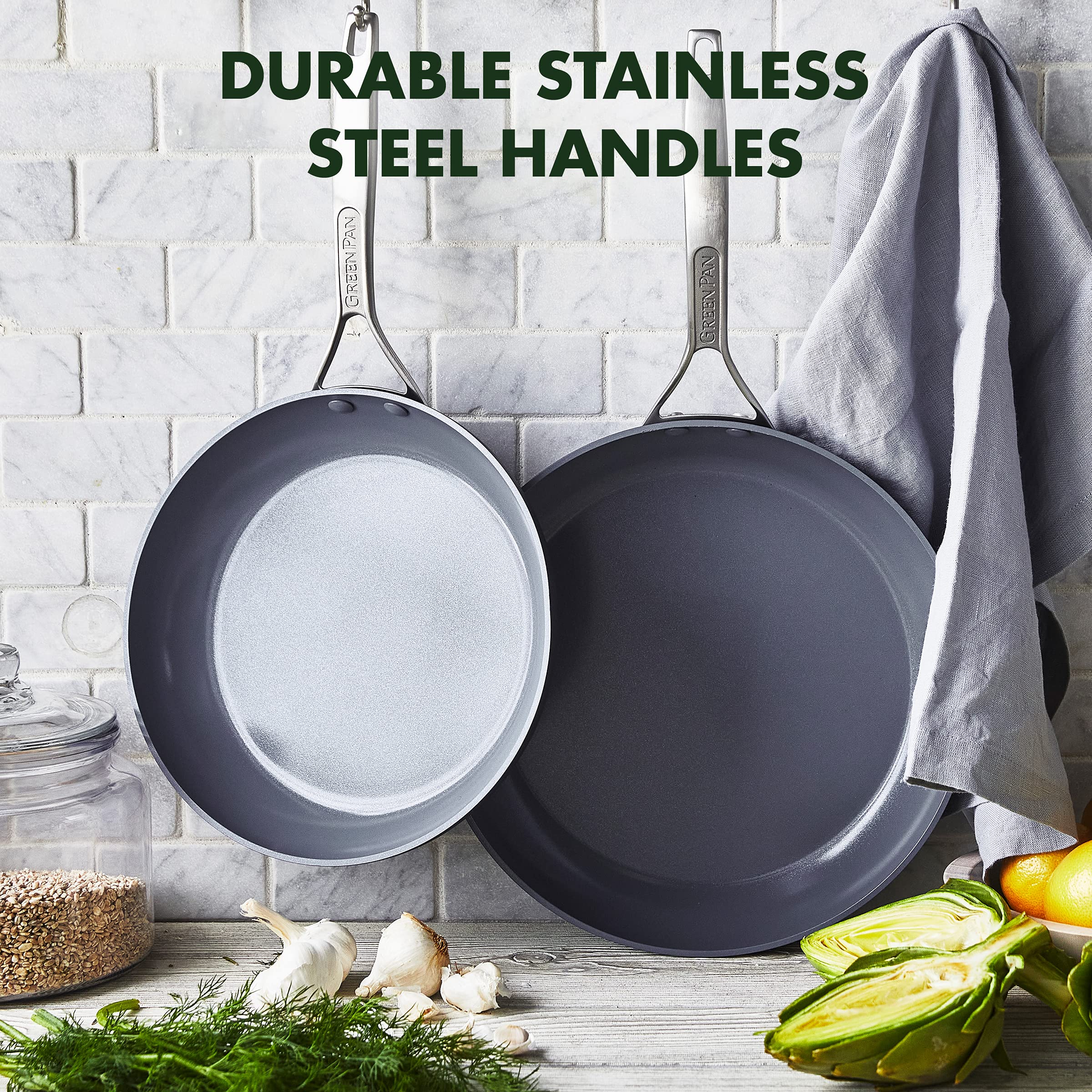 GreenPan Paris Pro Hard Anodized Healthy Ceramic Nonstick  10'' and 12'' Frying Pan Skillet Set  PFAS-Free  Dishwasher Safe  Grey