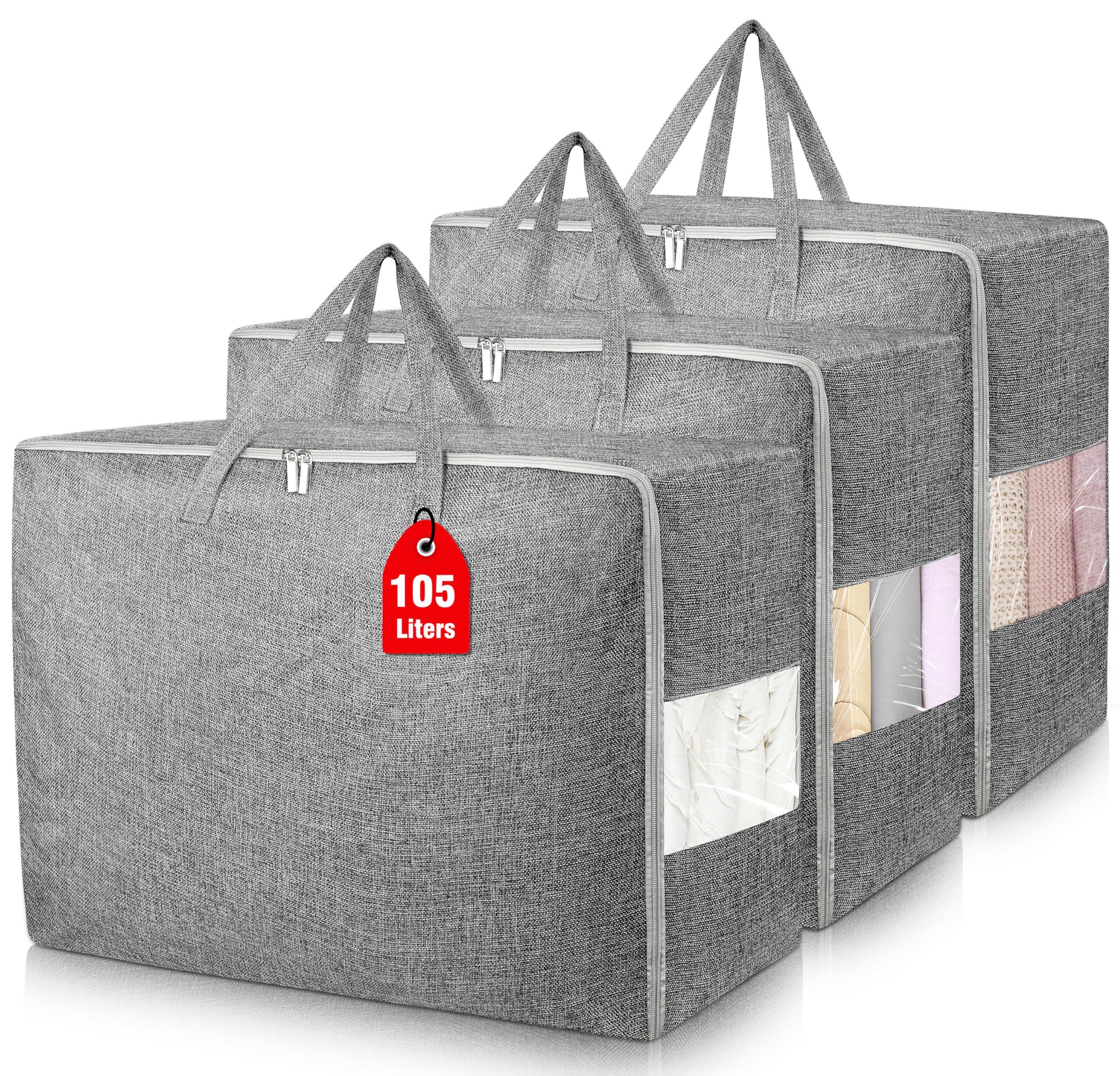 3Pack 105L Extra Large Storage Bags, Folding Moving Comforter Blanket Storage Bags Closet Organizers and Storage Containers for