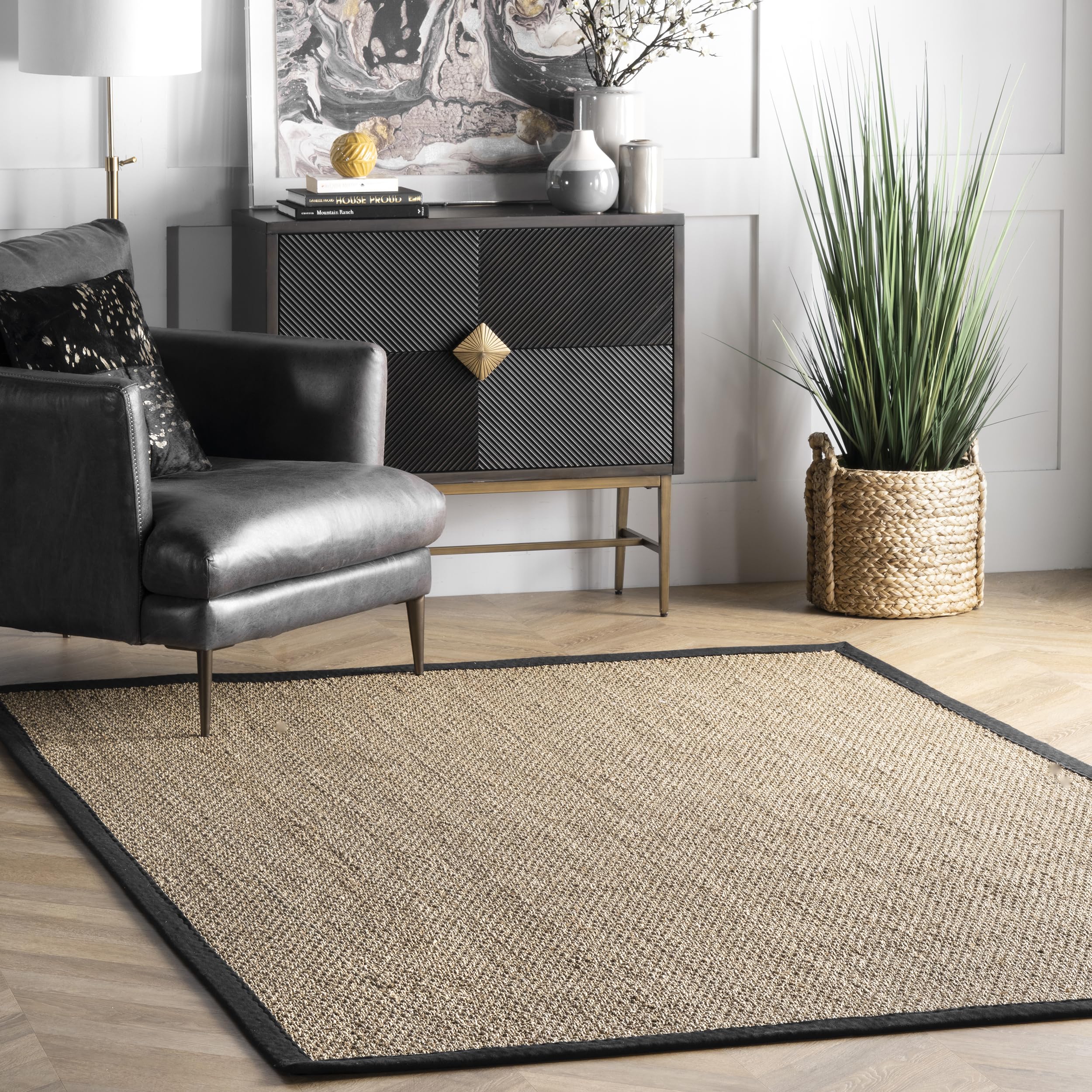 nuLOOM 4x6 Elijah Seagrass Area Rug, Black, Solid Farmhouse Style, Cotton Bordered, Basketweave, Natural Fiber, For Bedroom, Din