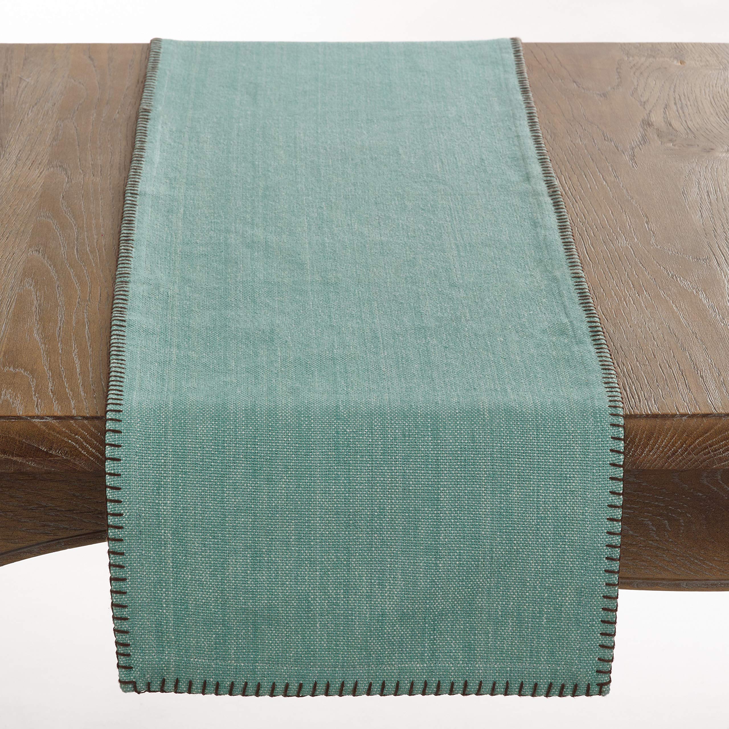 Saro Lifestyle Whip Stitched Design Cotton Table Runner, Aqua, 13''X72''