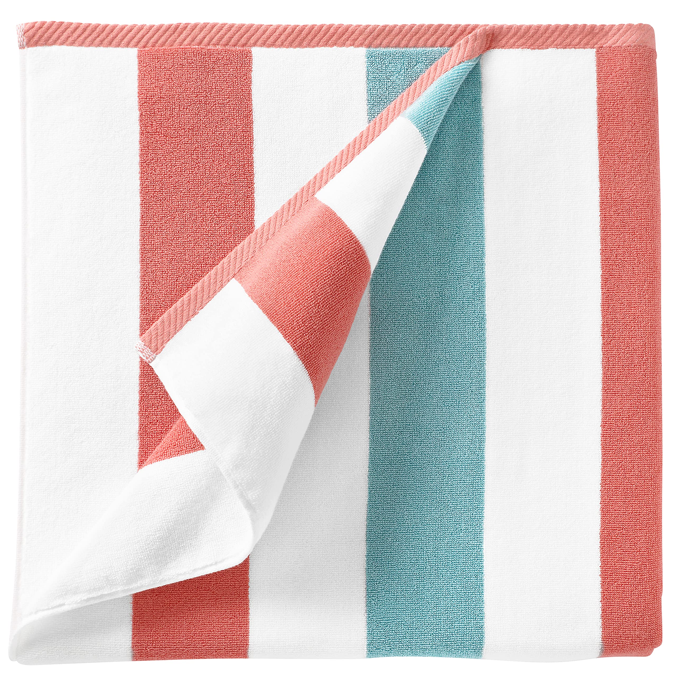 Laguna Beach Textile Co. Striped Cabana Beach Towel - Oversized, Plush 630 Gsm Cotton - Coral Orange & Sea Glass Green