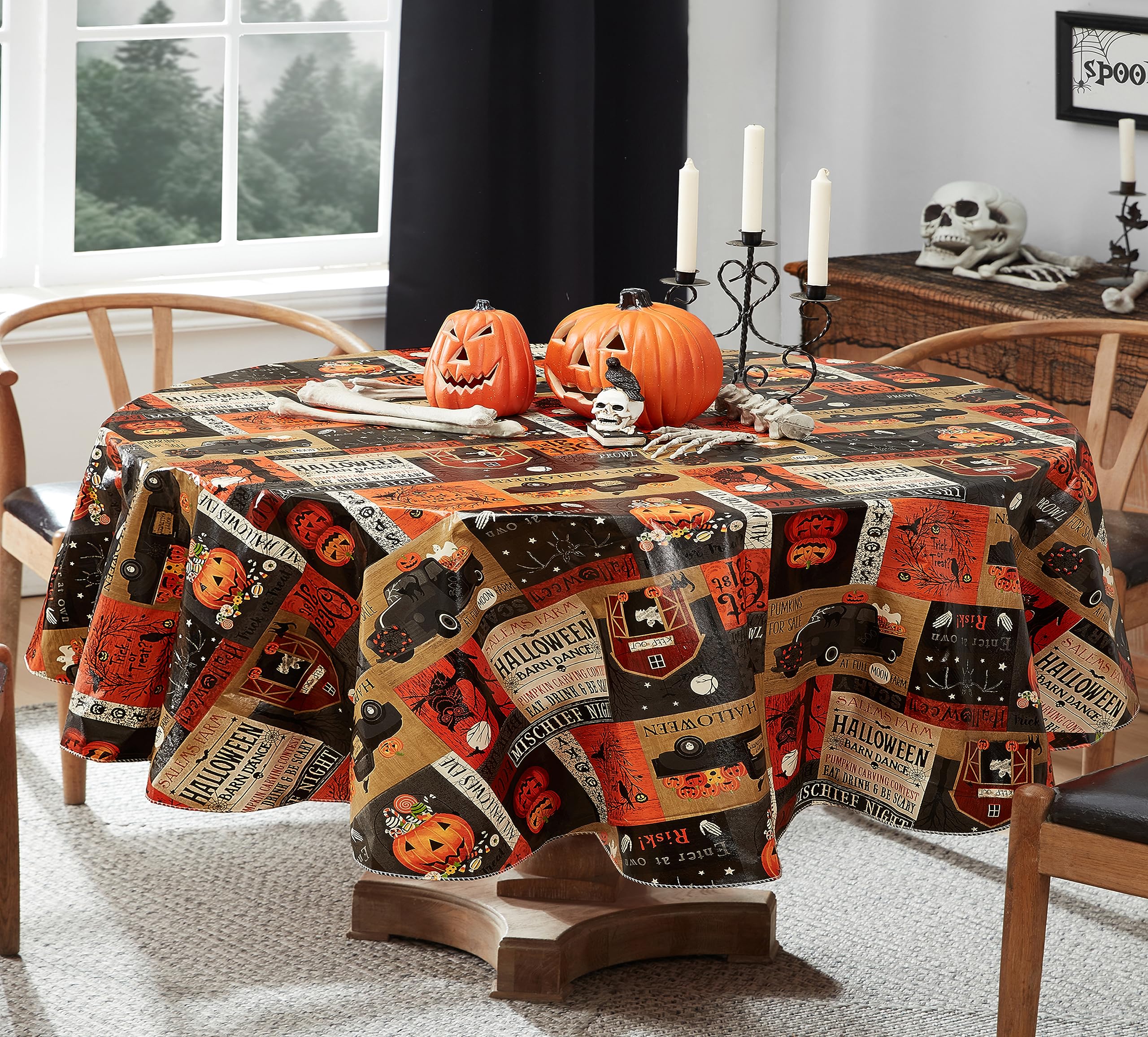 Newbridge Halloween Rustic Spooky Farm 70 Inch Round Vinyl Tablecloth With Flannel Backing, Scary Country Farmyard Ghosts, Haunt