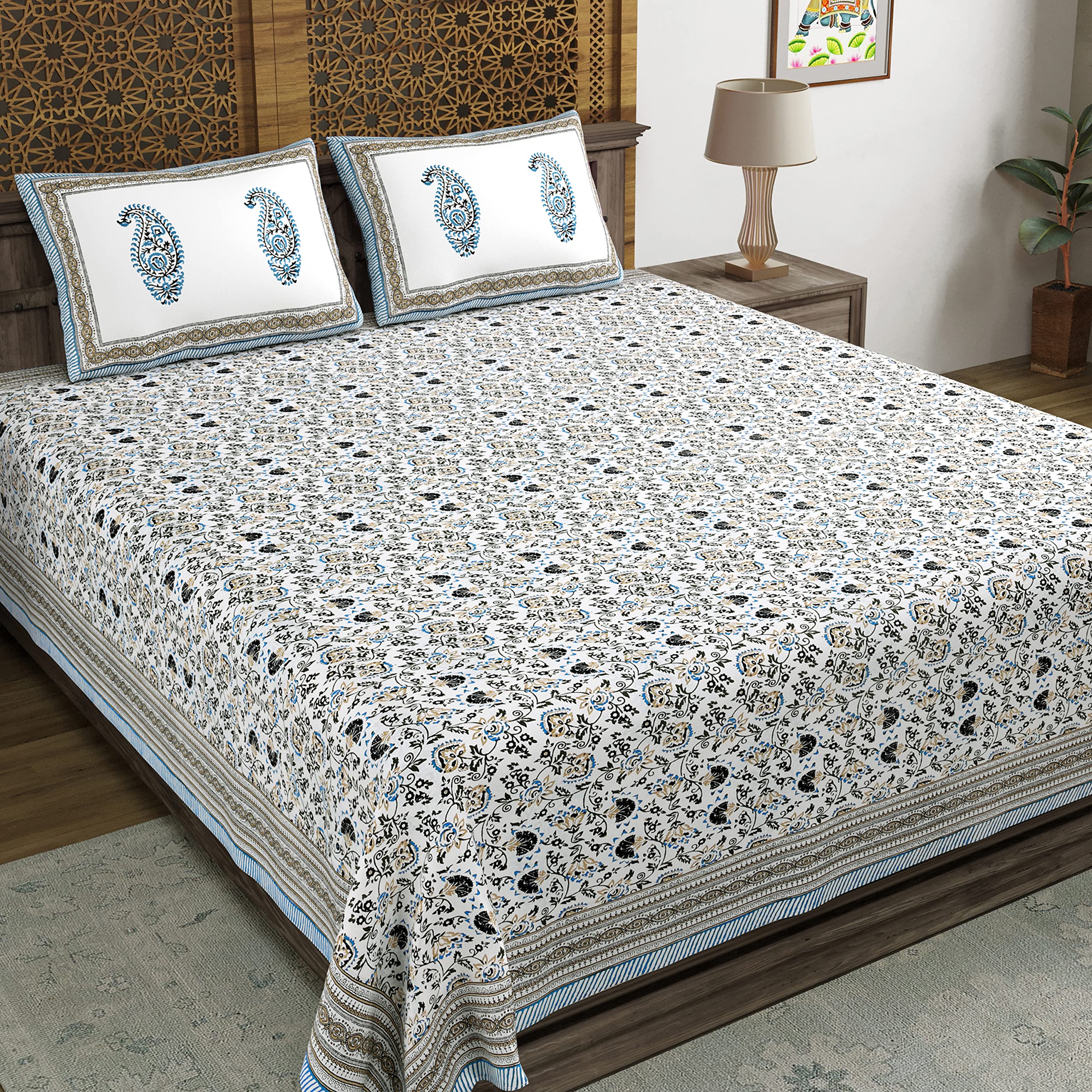 Blocks Of India Hand Block Printed 200 Tc Cotton King Size Bedsheet (Grey Brown Jaal)