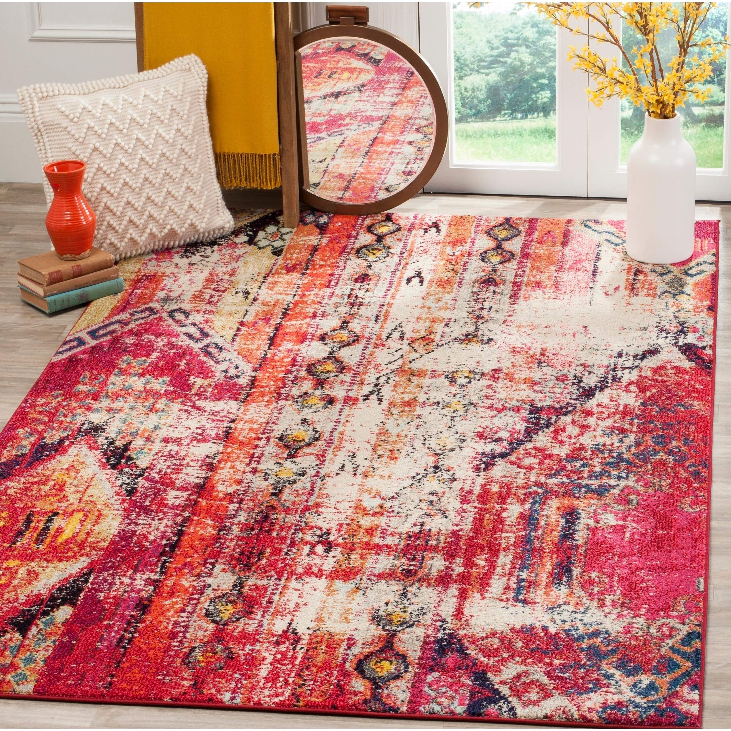 SAFAVIEH Monaco Collection Area Rug - 67 x 92, Magenta & Multi, Boho Chic Tribal Distressed Design, Non-Shedding & Easy Care, 