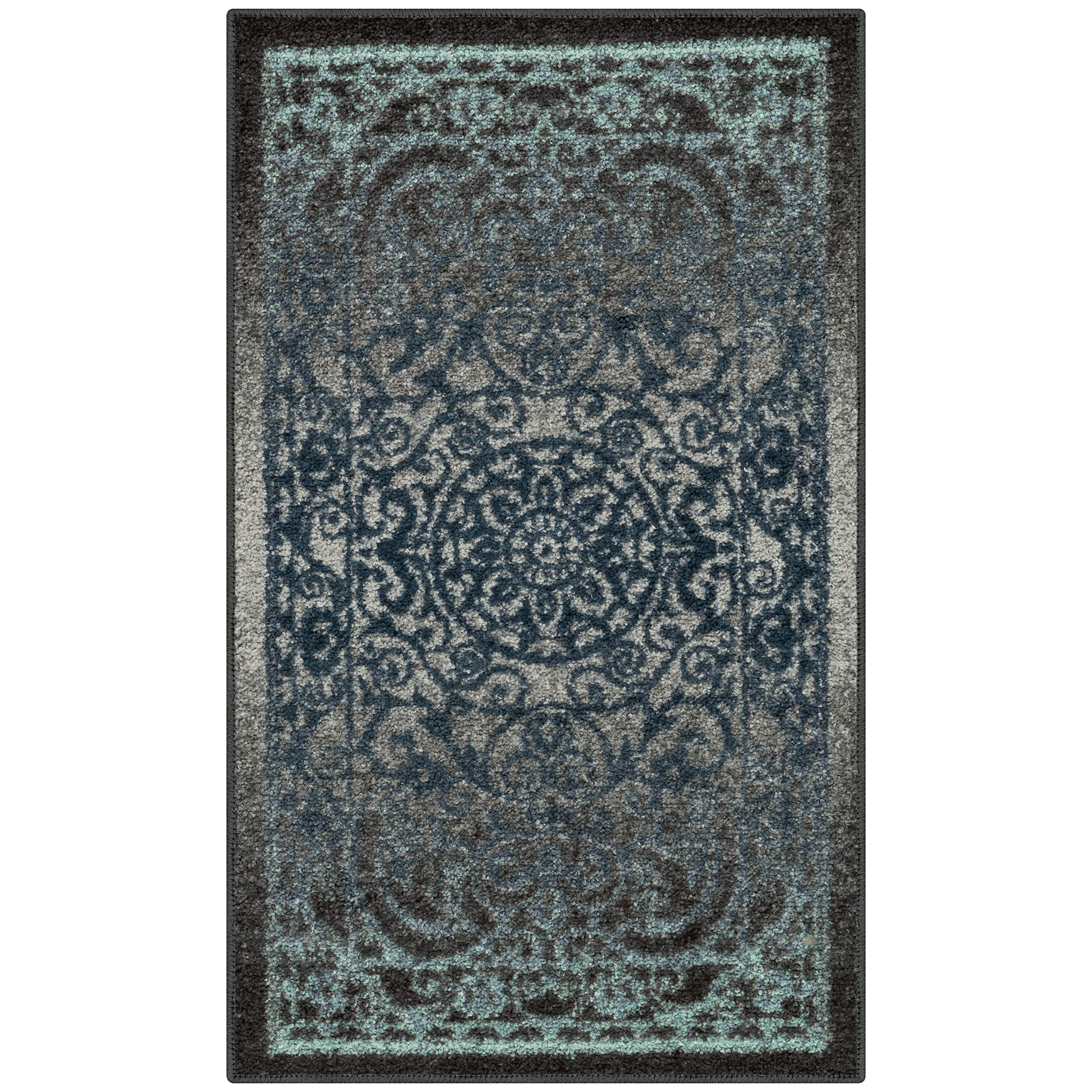 Maples Rugs Pelham Vintage Kitchen Rugs Non Skid Washable Accent Area Carpet [Made in USA], 18 x 210, Charcoal/Radiant Blue