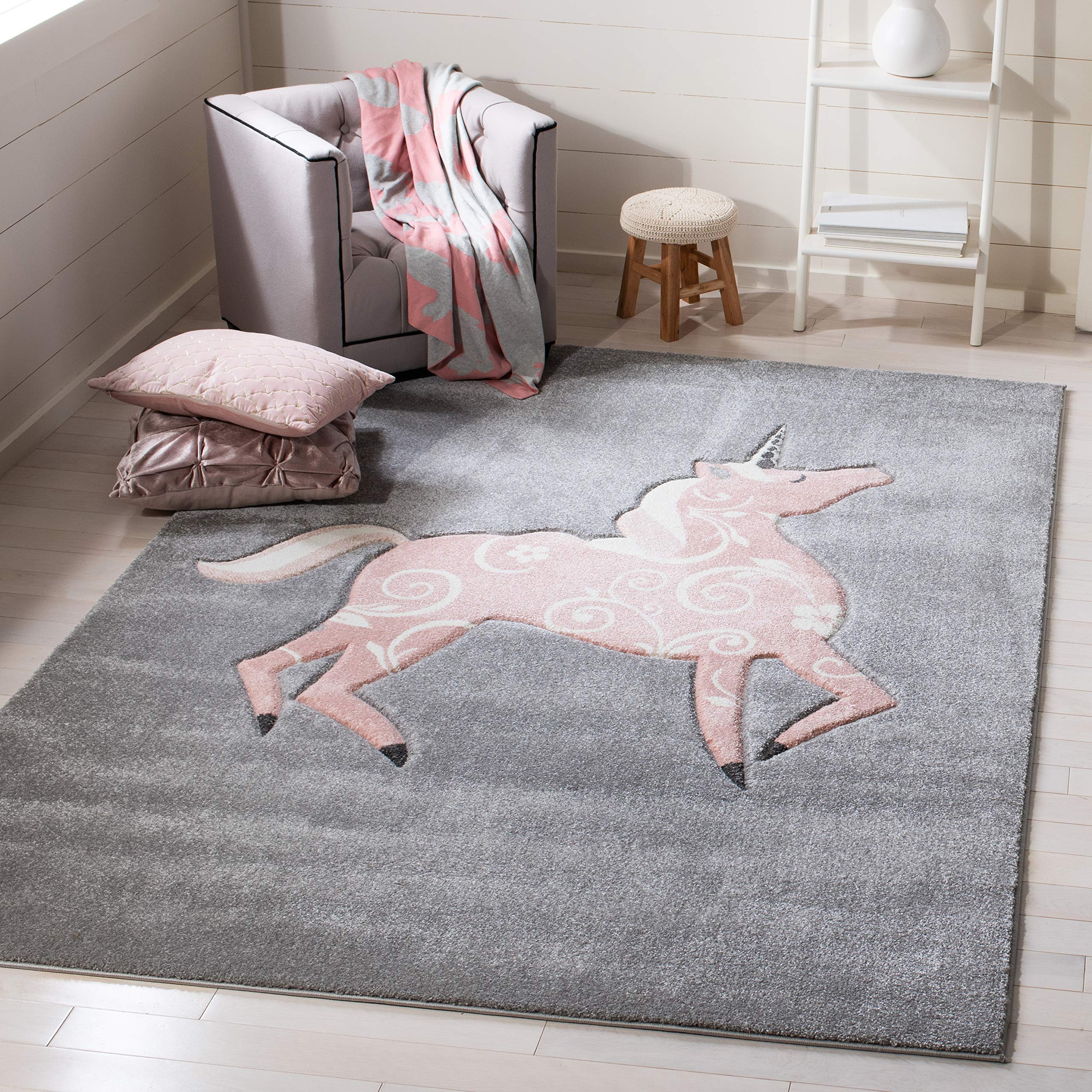 SAFAVIEH Carousel Kids Collection Accent Rug - 4 x 6, Grey & Pink, Non-Shedding & Easy Care, Ideal for High Traffic Areas for 