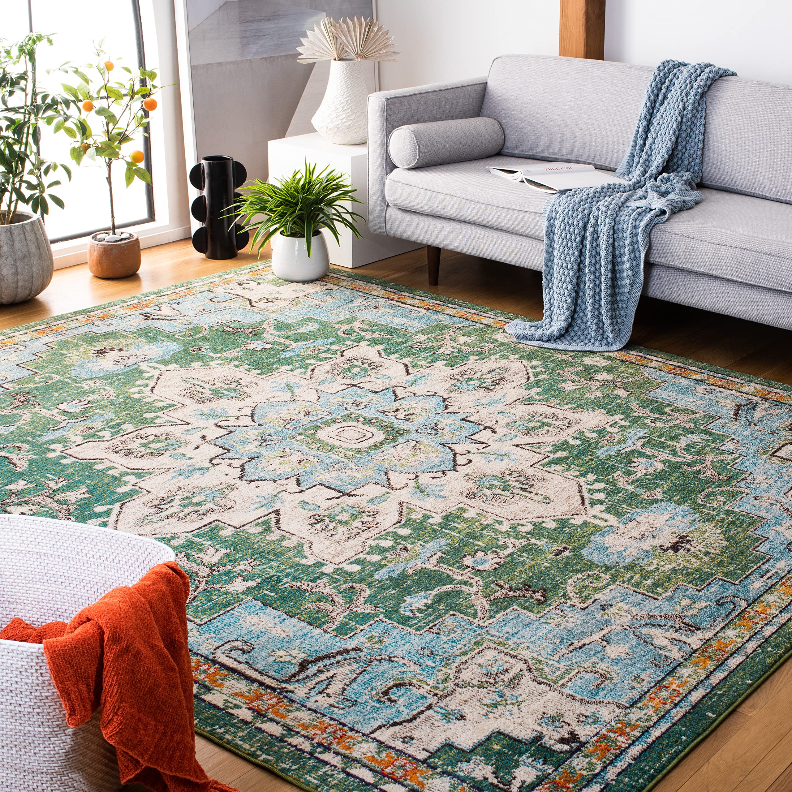 SAFAVIEH Madison Collection Area Rug - 10 x 14, Green & Turquoise, Boho Chic Medallion Distressed Design, Non-Shedding & Easy 