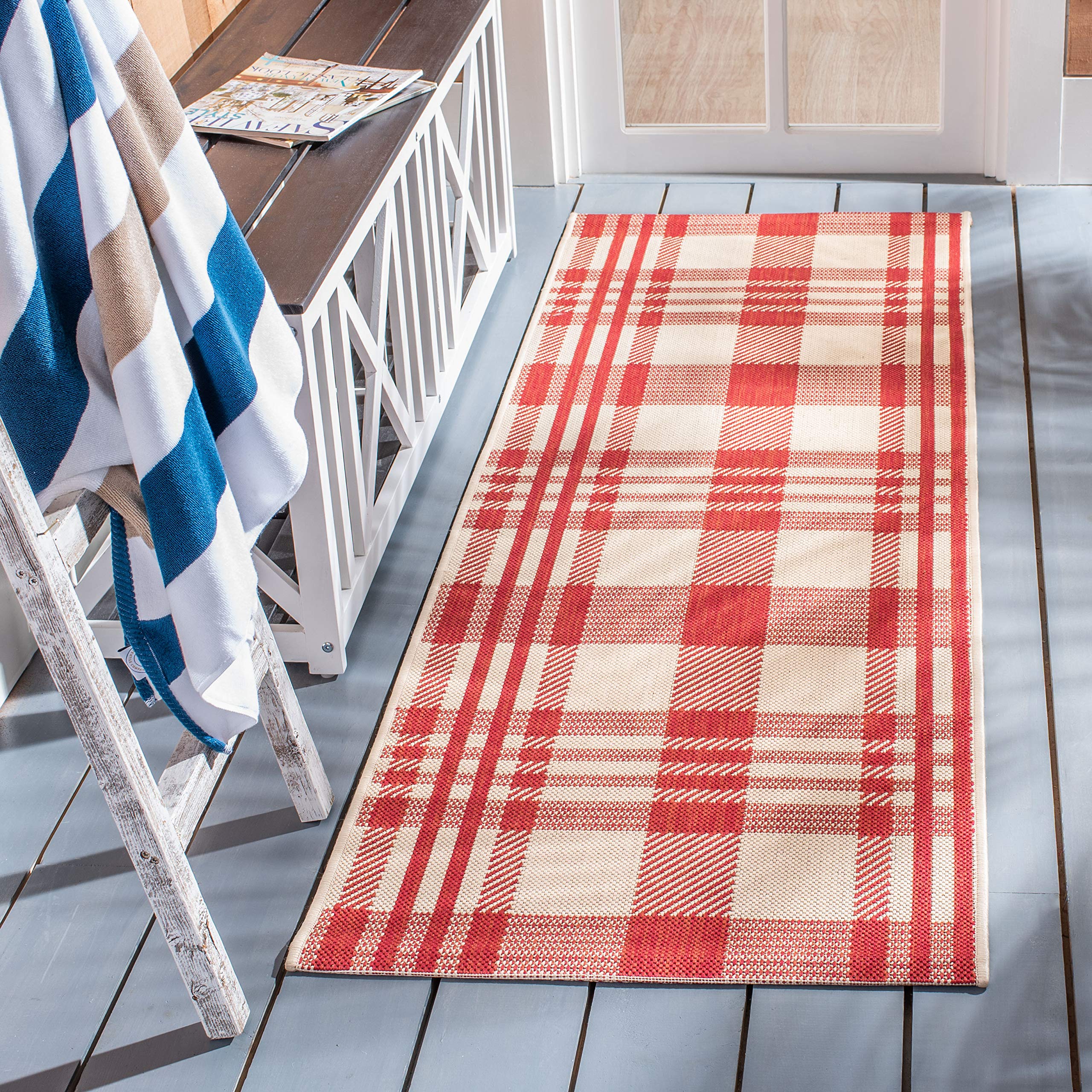 SAFAVIEH Courtyard Collection Runner Rug - 23 x 10, Red & Bone, Plaid Design, Non-Shedding & Easy Care, Indoor/Outdoor & Washa