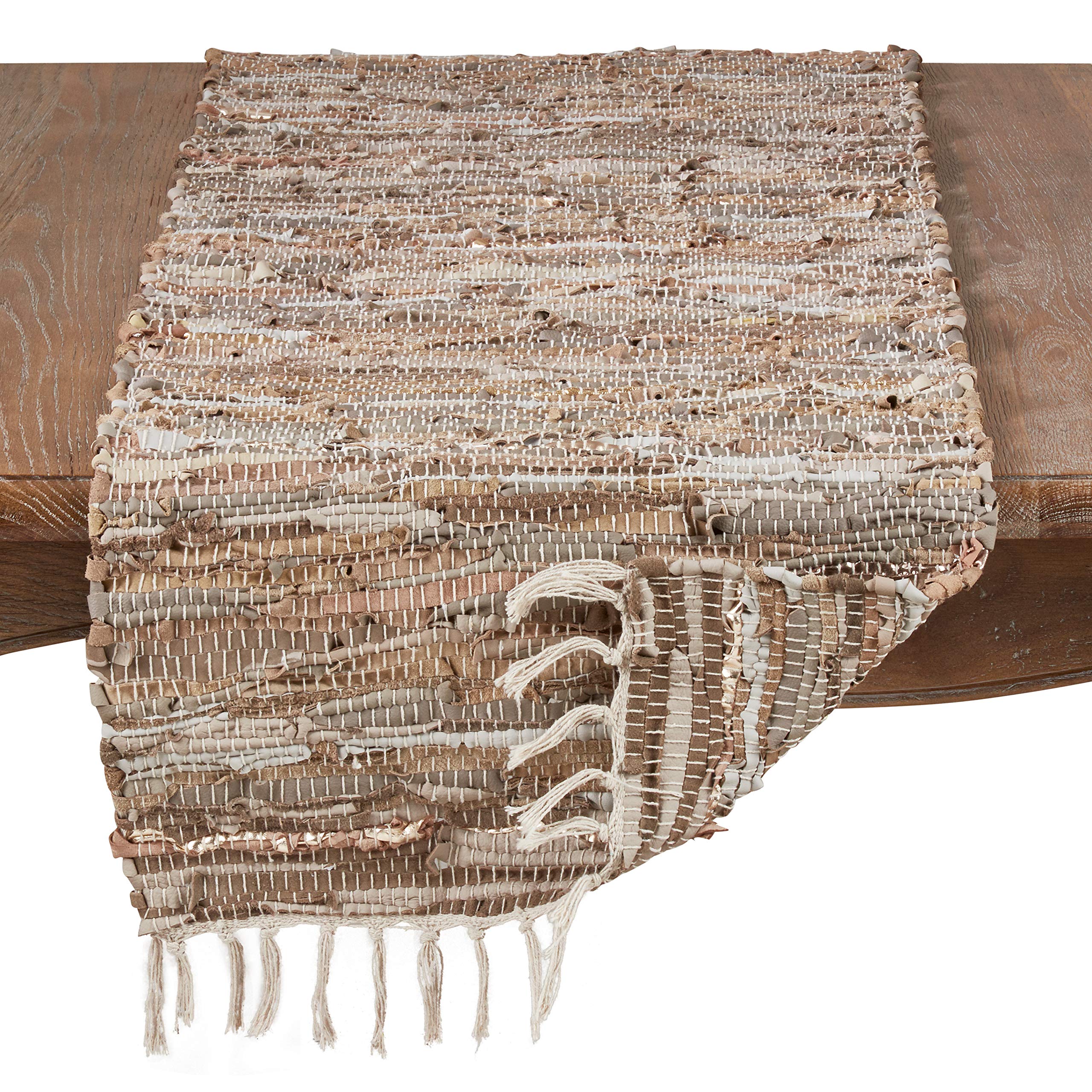 Saro Lifestyle Leather Chindi Table Runner, Natural, 16'' X 90''