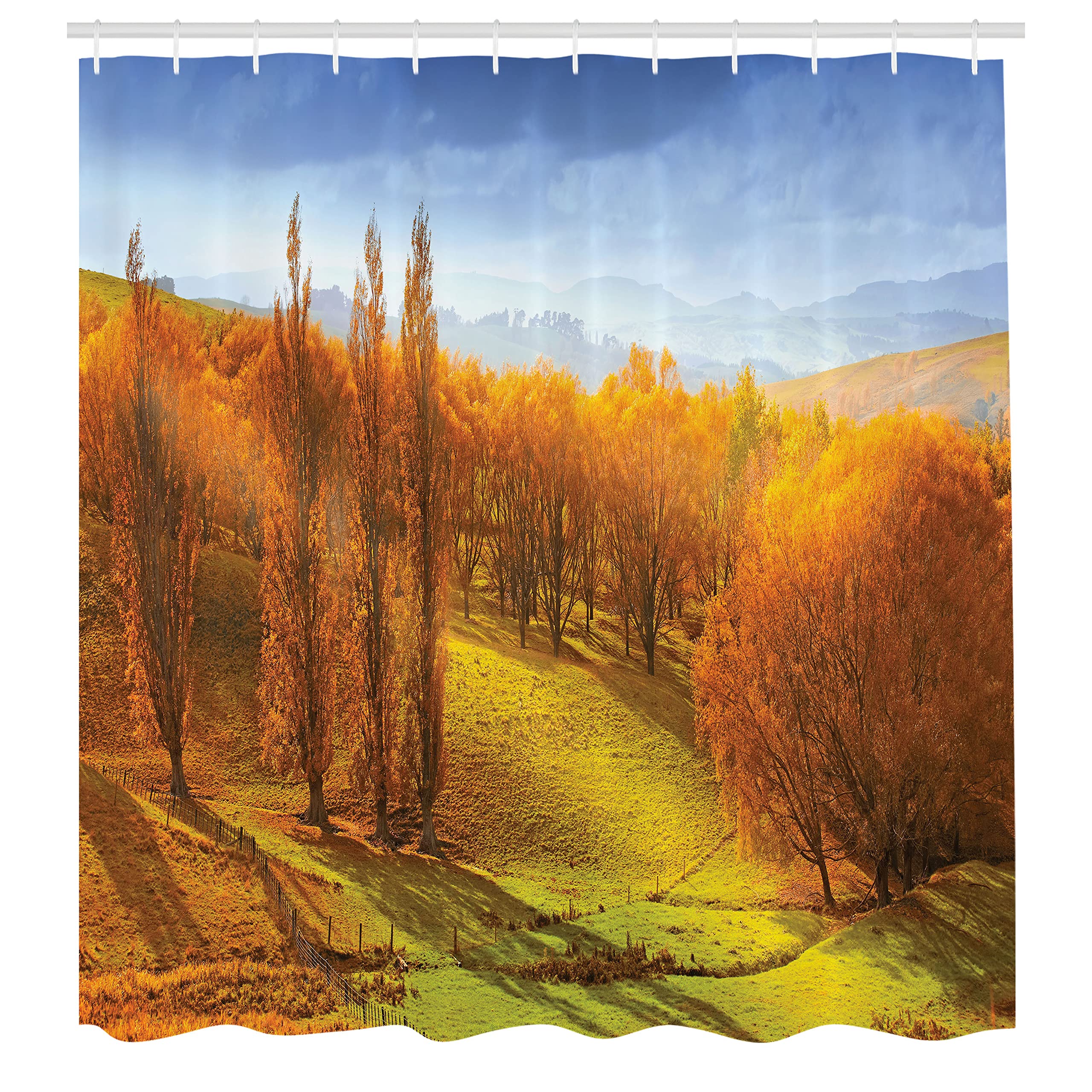 Ambesonne Autumn Shower Curtain, Sunrise In Autumn In New Zealand Leaves Forest Foliage Hillside View, Cloth Fabric Bathroom Dec
