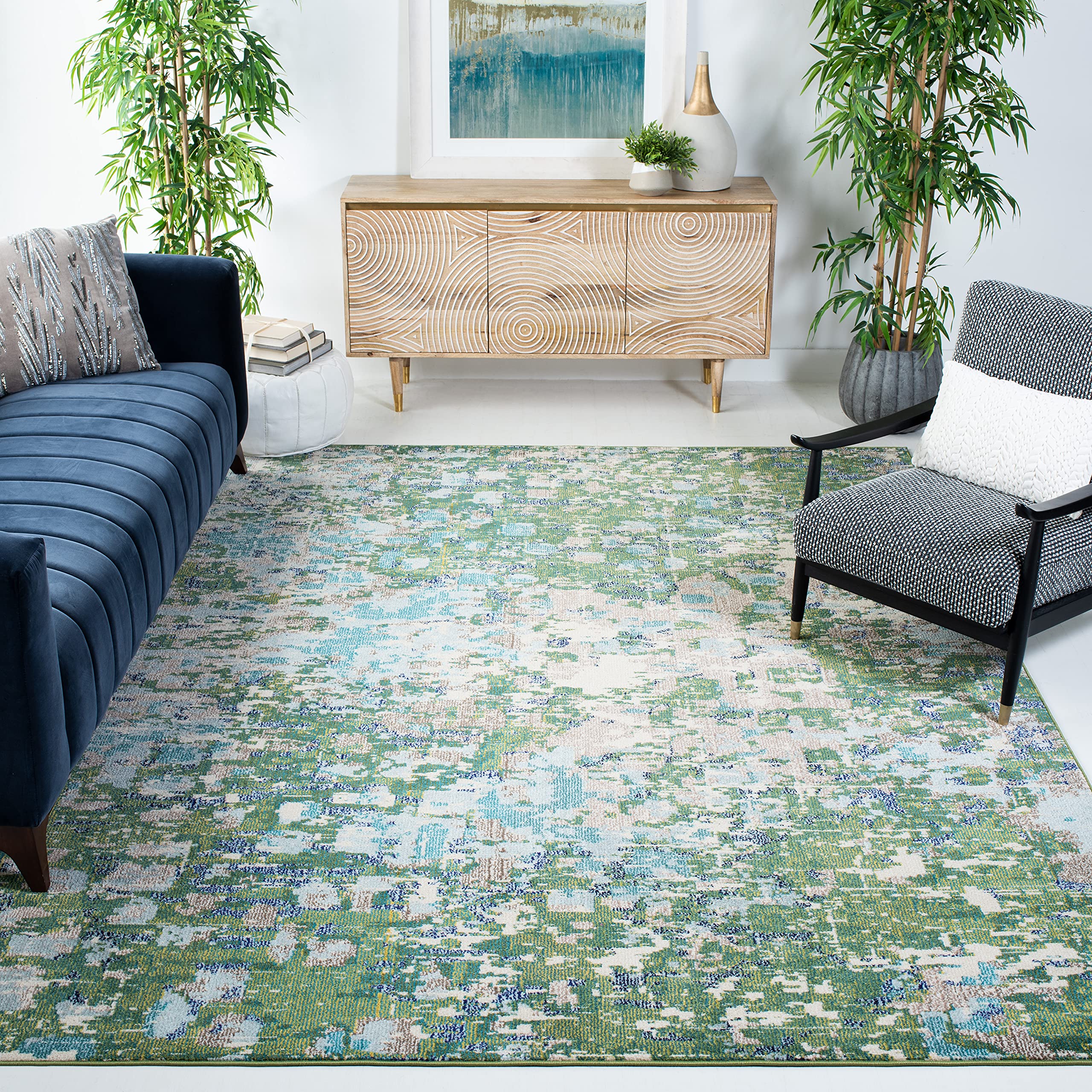 SAFAVIEH Madison Collection Area Rug - 8 x 10, Green & Turquoise, Boho Abstract Distressed Design, Non-Shedding & Easy Care, I