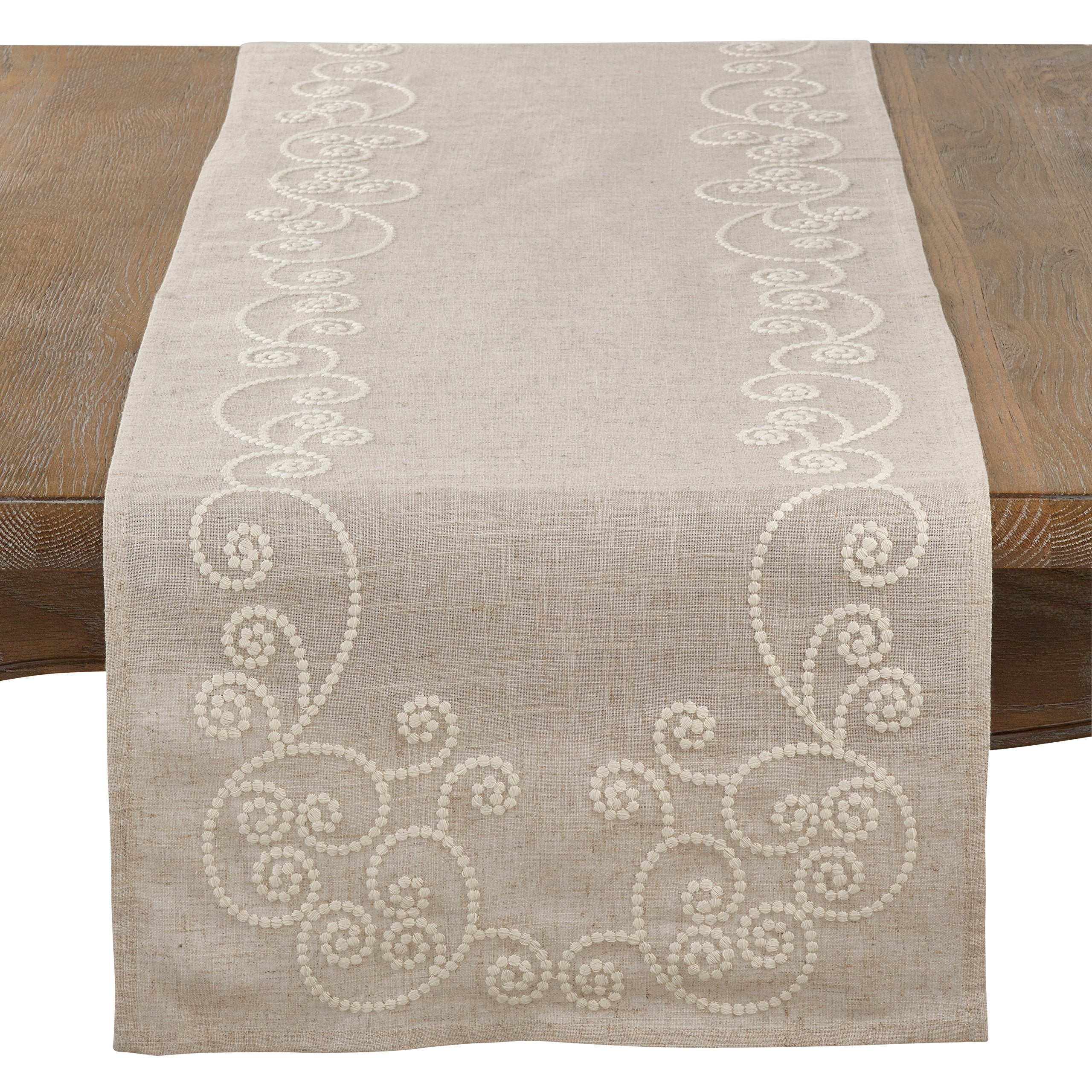 Saro Lifestyle Embroidered Swirl Design Linen Blend Table Runner, 16'' X 72'', Natural