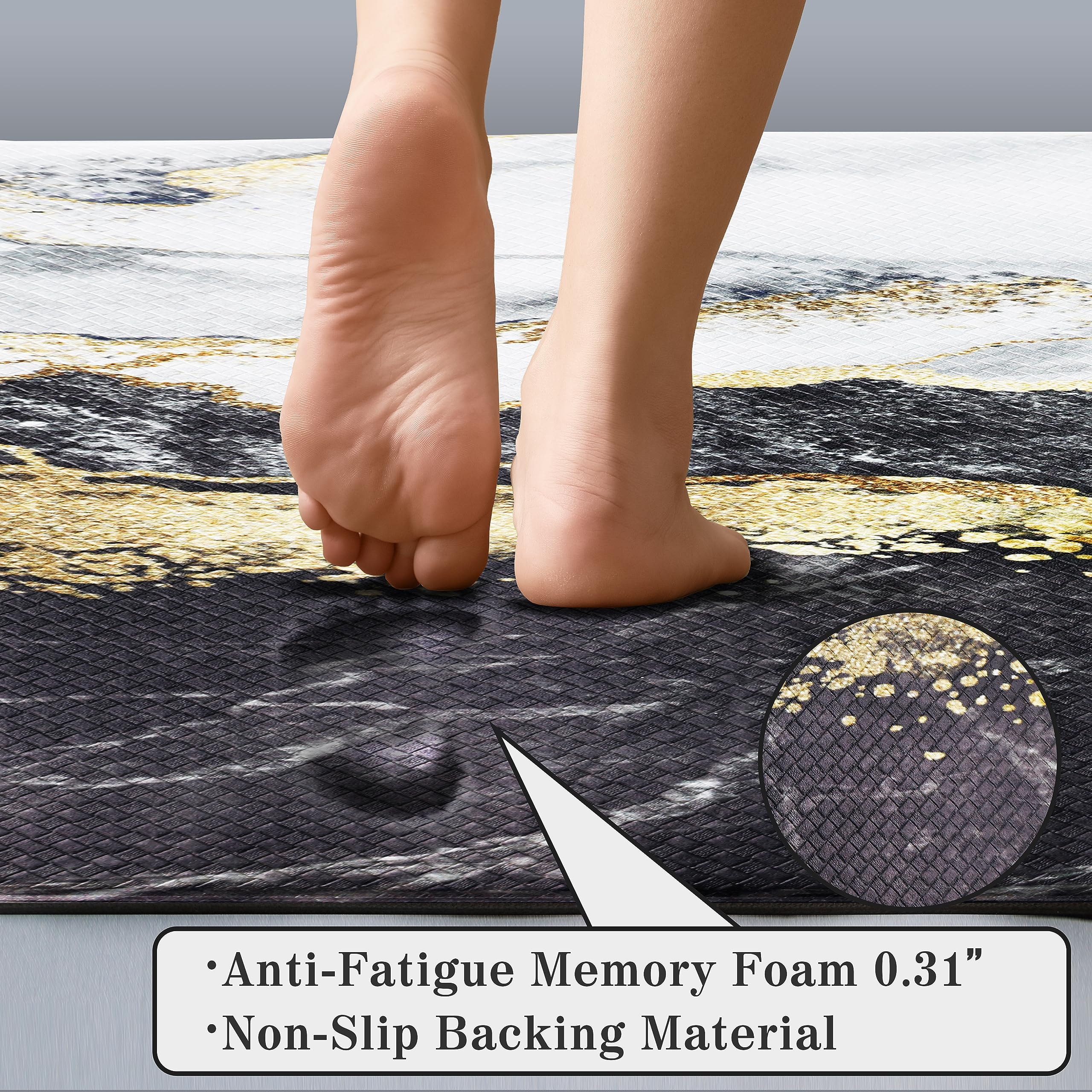 Black Gold Marble Kitchen Mat And Rugs 2 Pieces Anti Fatigue Cushioned Kitchen Floor Mat Non-Slip Leather Kitchen Mats Set For H
