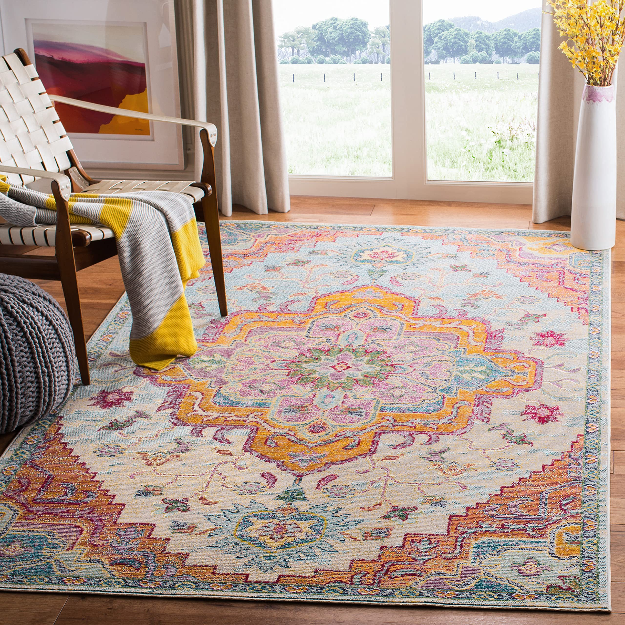 SAFAVIEH Crystal Collection 4 Square Light Blue/Fuchsia CRS501B Boho Chic Oriental Medallion Distressed Non-Shedding Living Roo