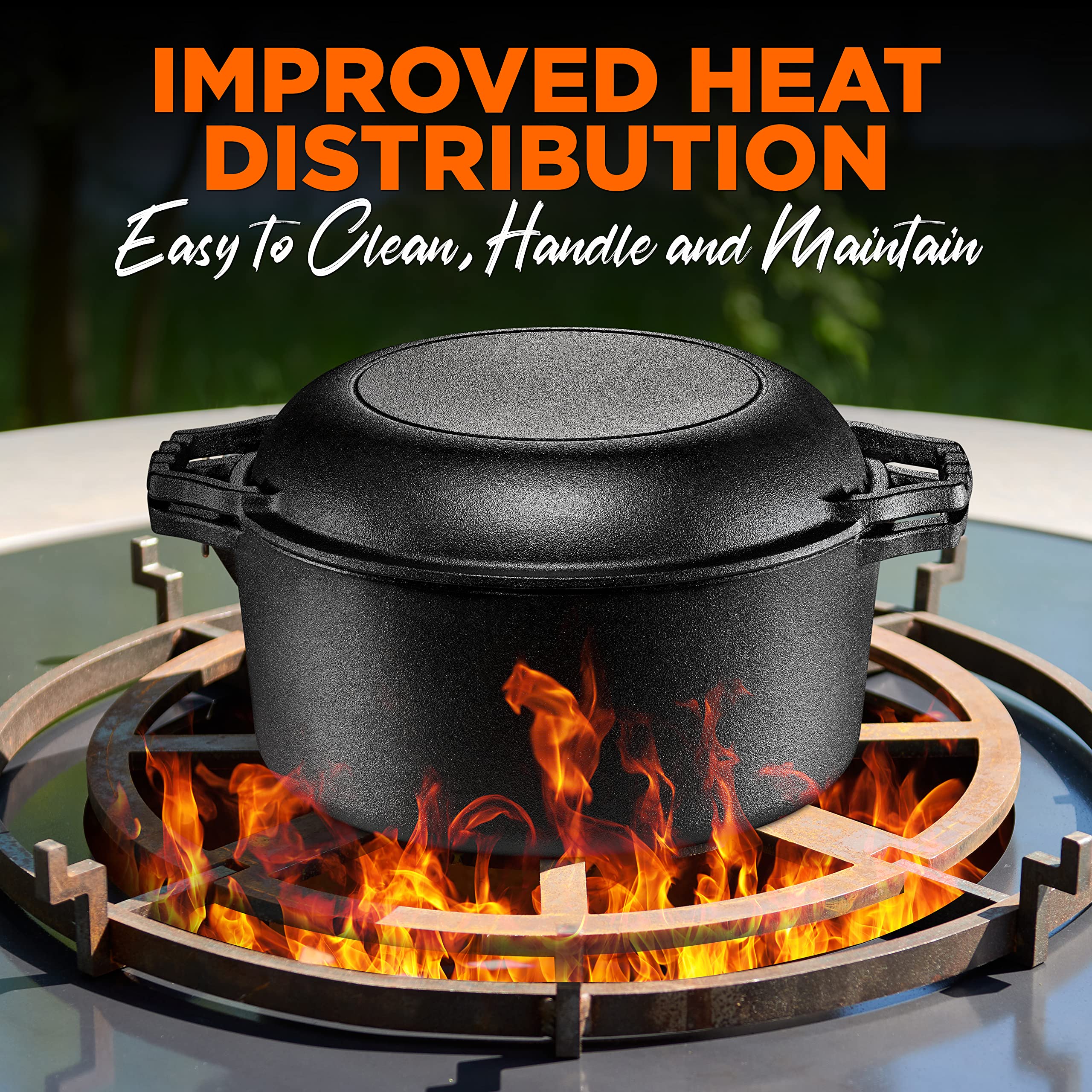 NutriChef Cast Iron Multi Cooker - Pre-Seasoned Double Dutch Oven, Black, One Size, Model NCCI2PT8, Non-Stick for Stove & Oven Cooking
