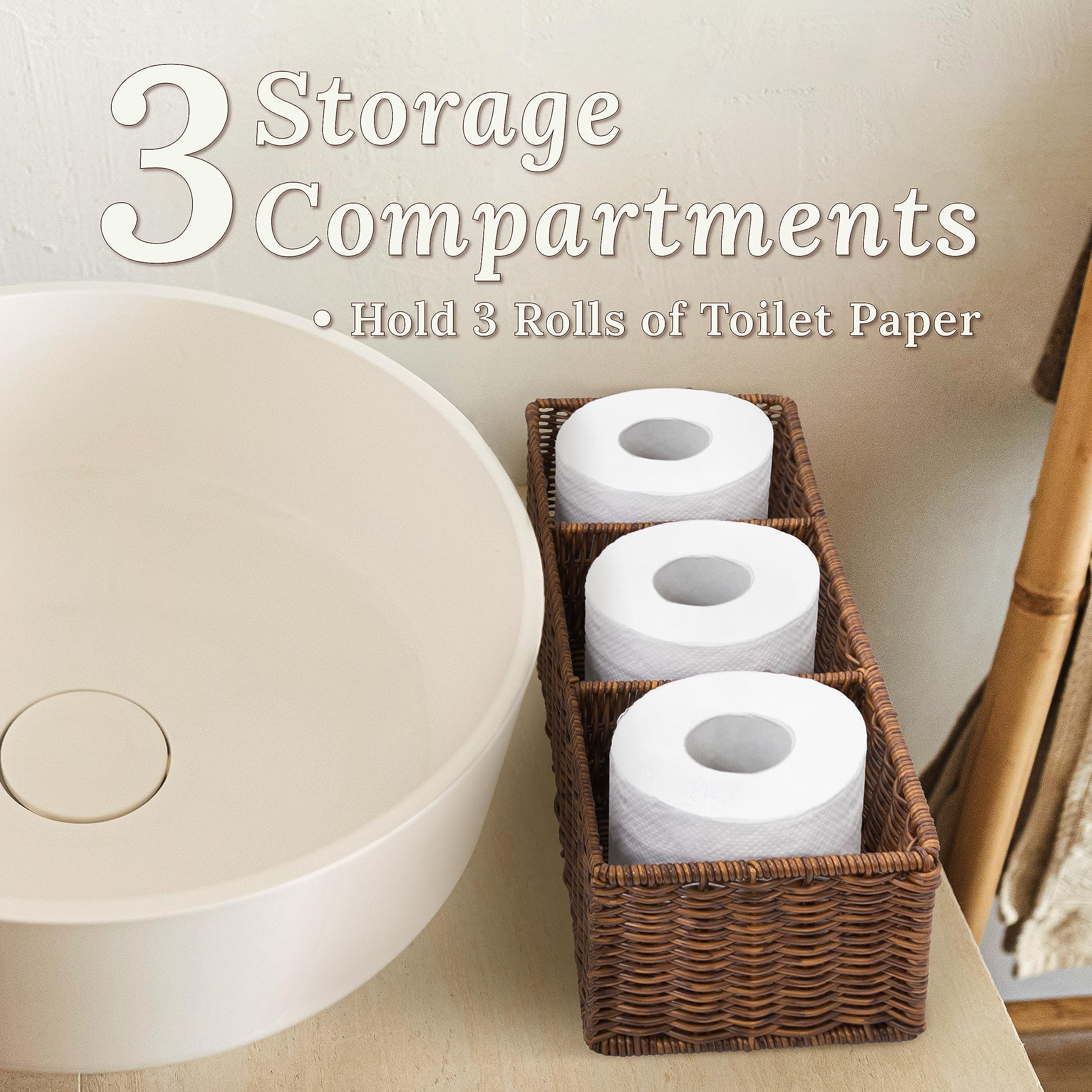 Weenest Wicker Basket With 3 Compartments, Toilet Paper Holder Storage, Behind Toilet Bathroom Organizer, Bathroom Sink Organize