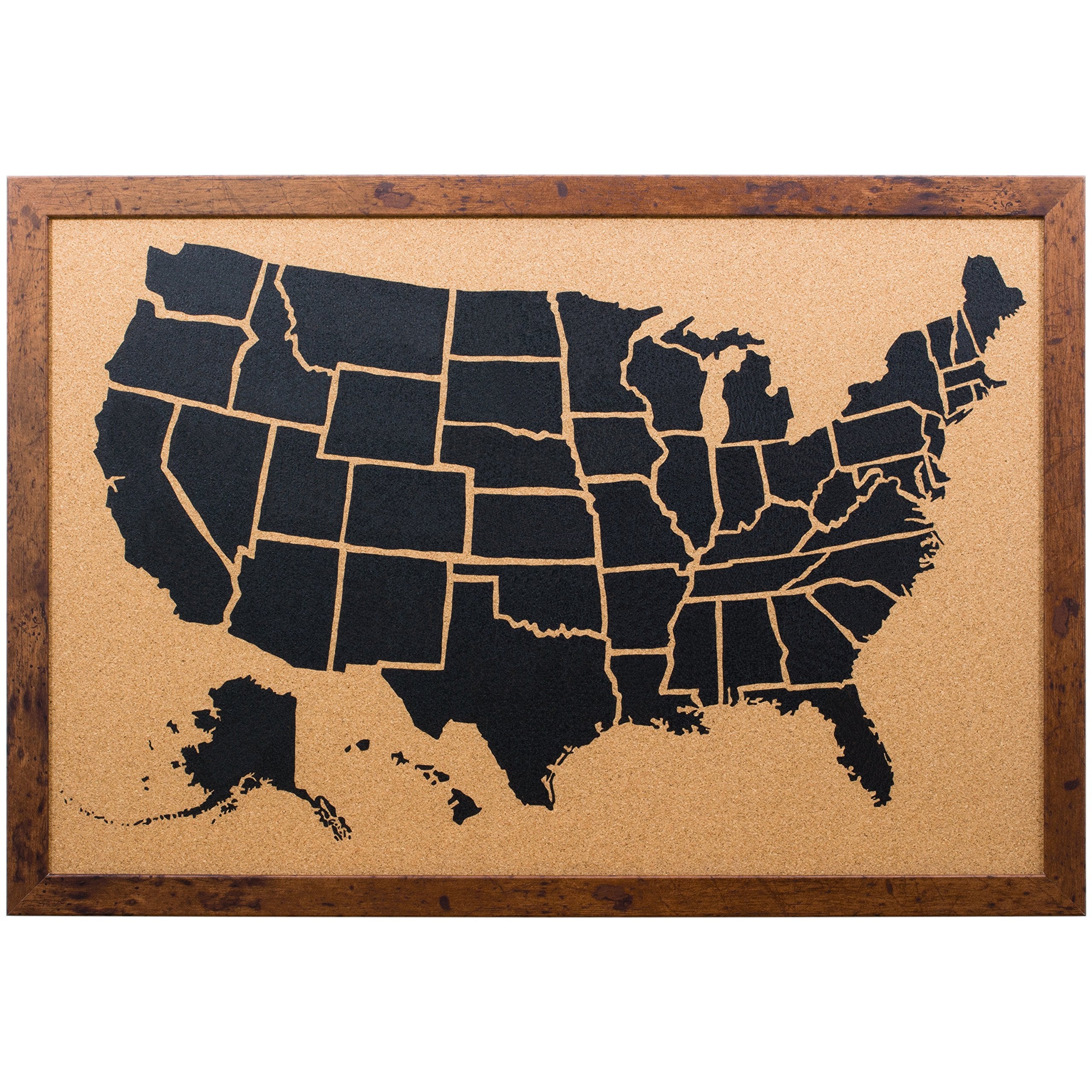 Craig Frames Wayfarer Cork Board, Illustrated United States Push Pin Travel Map, Rustic Dark Walnut Frame and Pins, 16 x 20 Inch