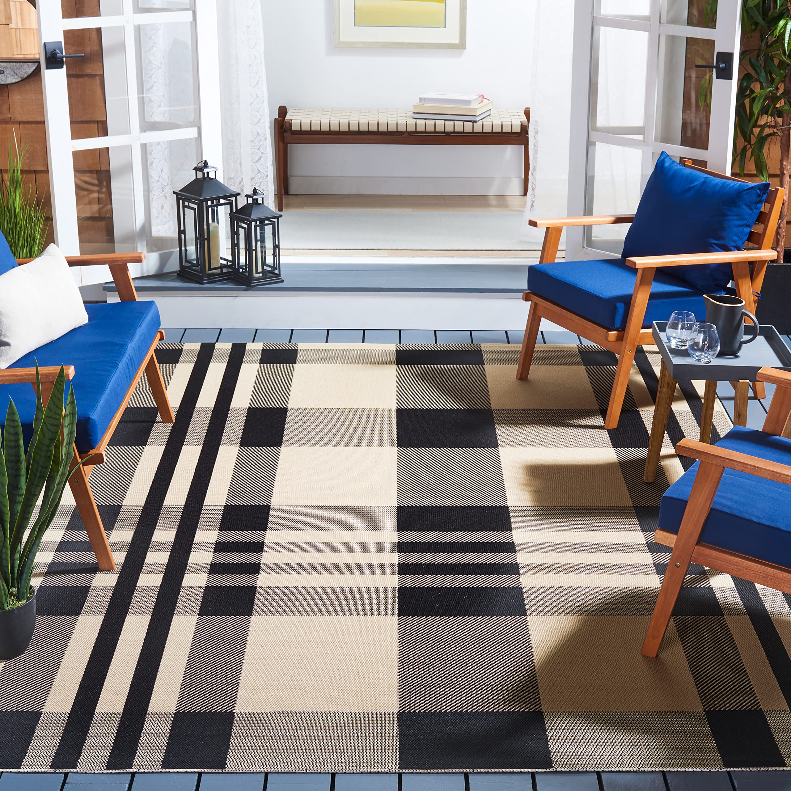 SAFAVIEH Courtyard Collection Area Rug - 9 x 12, Black & Bone, Plaid Design, Non-Shedding & Easy Care, Indoor/Outdoor & Washab
