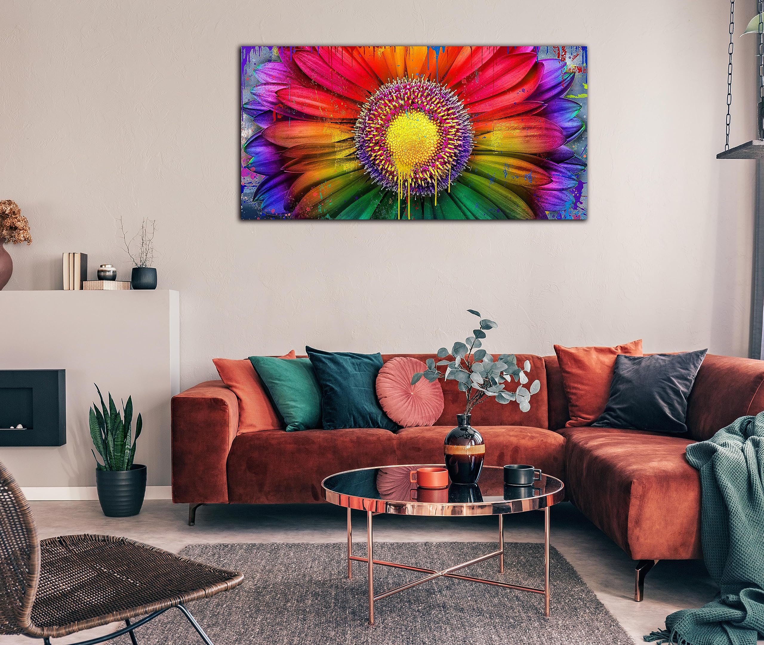Large Red Flower Artwork For Living Room, 30X60 Inch - Abstract Daisy Flower Bedroom Paintings, Nature Watercolor Floral Paintin