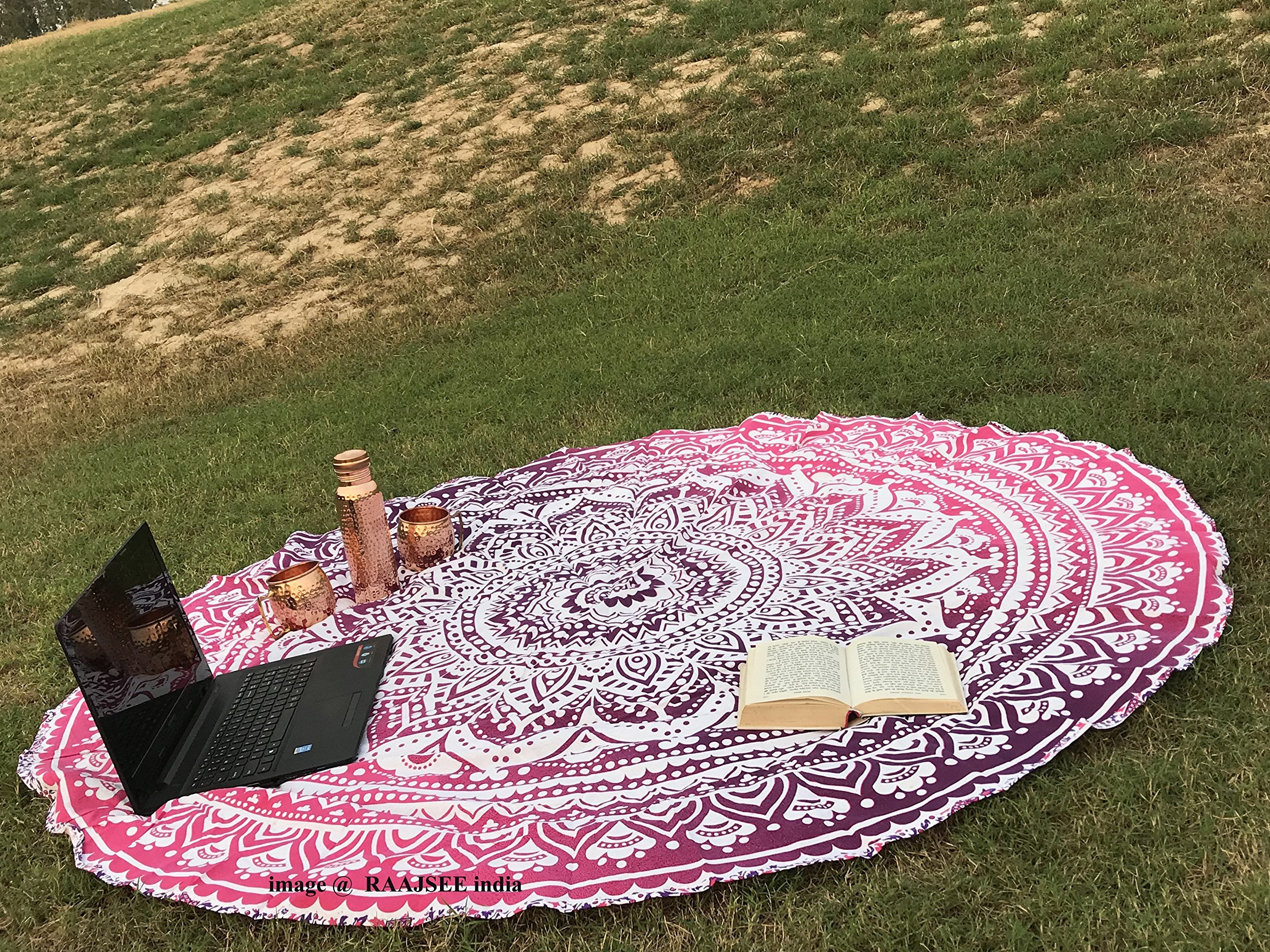 Raajsee Pink Ombre Round Beach Tapestry Hippie/Boho Beach Blanket Roundie/Indian Cotton Throw Bohemian Round Table Cloth/Yoga Ma