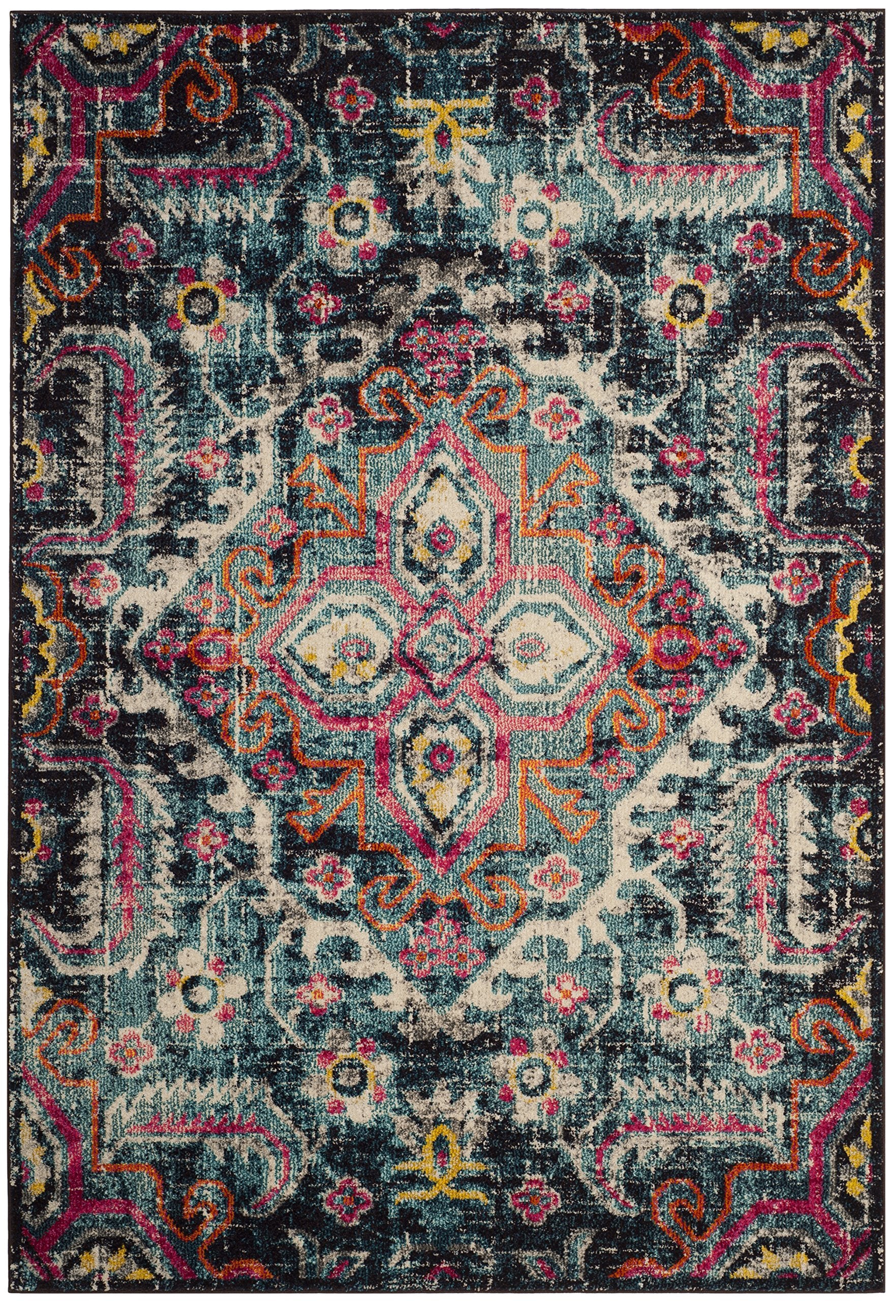 SAFAVIEH Monaco Collection Area Rug - 67 x 92, Blue & Fuchsia, Boho Chic Medallion Distressed Design, Non-Shedding & Easy Care