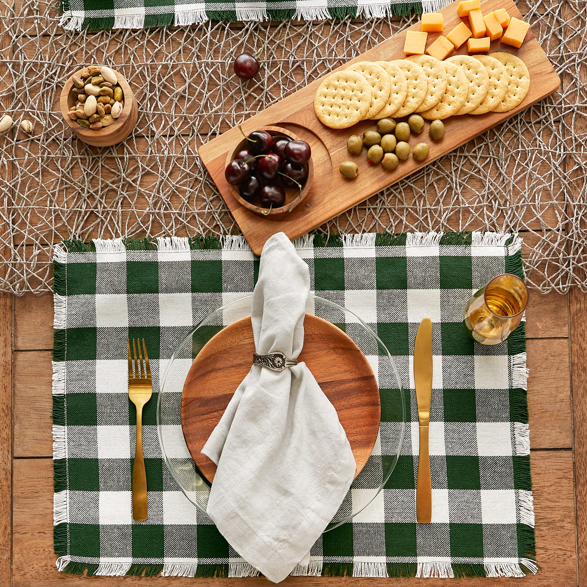 DII Heavyweight Fringed Check Tabletop Collection  Placemat Set  13x19  Hunter Green  6 Piece