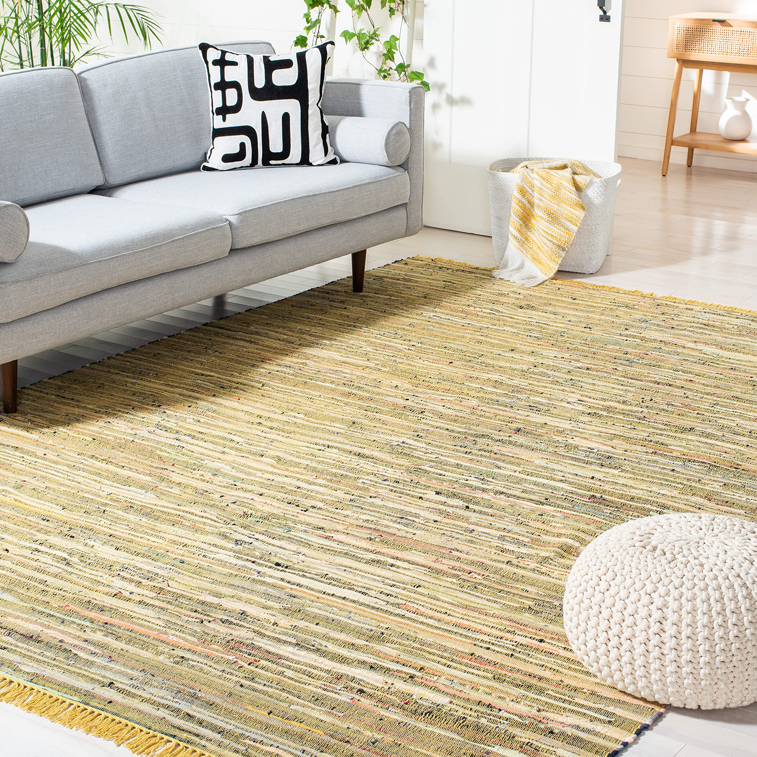 SAFAVIEH Rag Rug Collection Area Rug - 9 x 12, Yellow & Multi, Handmade Boho Stripe Cotton, Ideal for High Traffic Areas in Li
