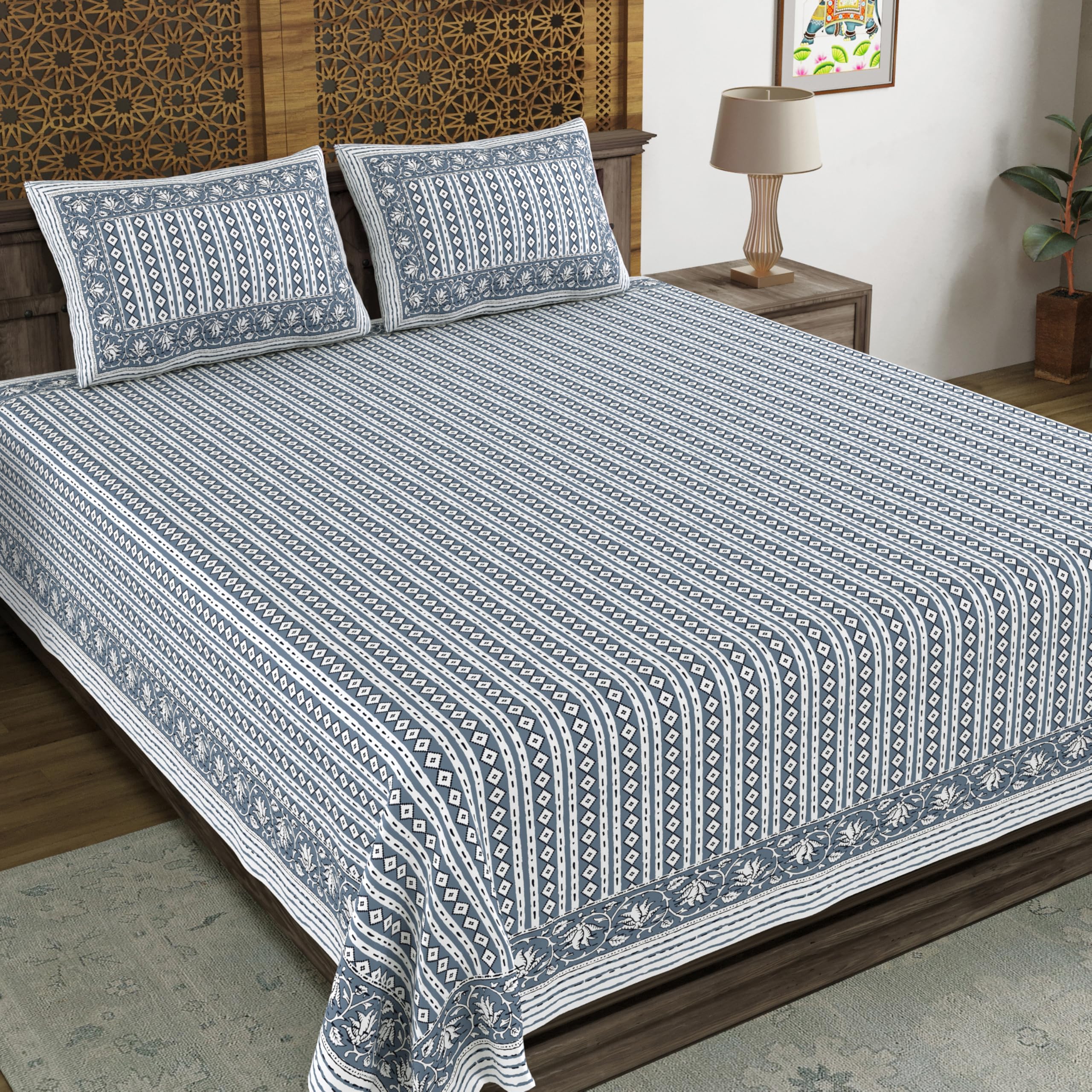 Blocks Of India Hand Block Printed 200 Tc Cotton Super King Size Bedsheet (Grey Line)