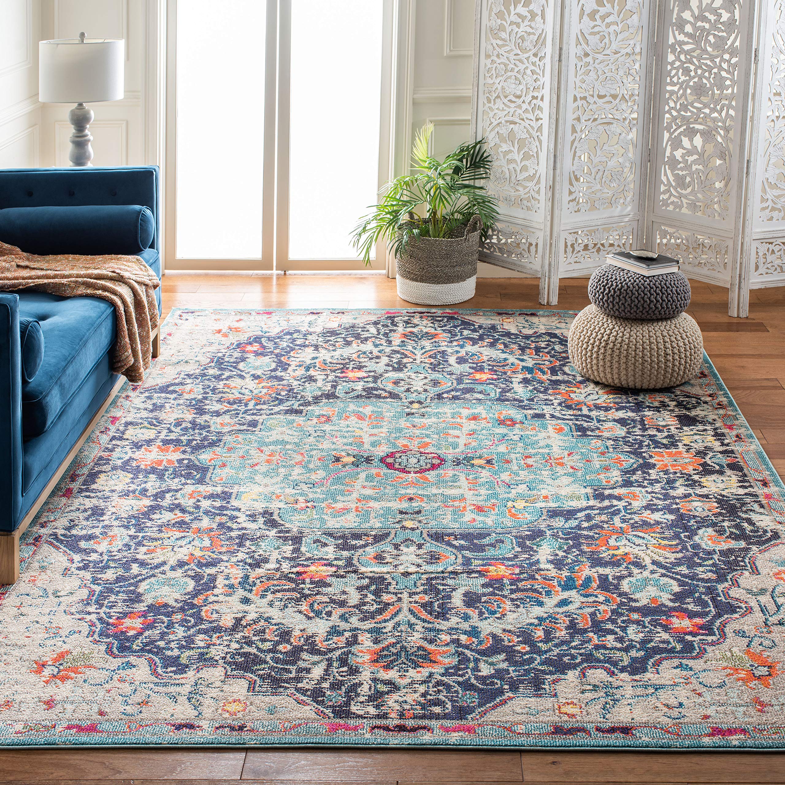 SAFAVIEH Madison Collection Area Rug - 67 Square, Black & Teal, Boho Chic Medallion Distressed Design, Non-Shedding & Easy Care