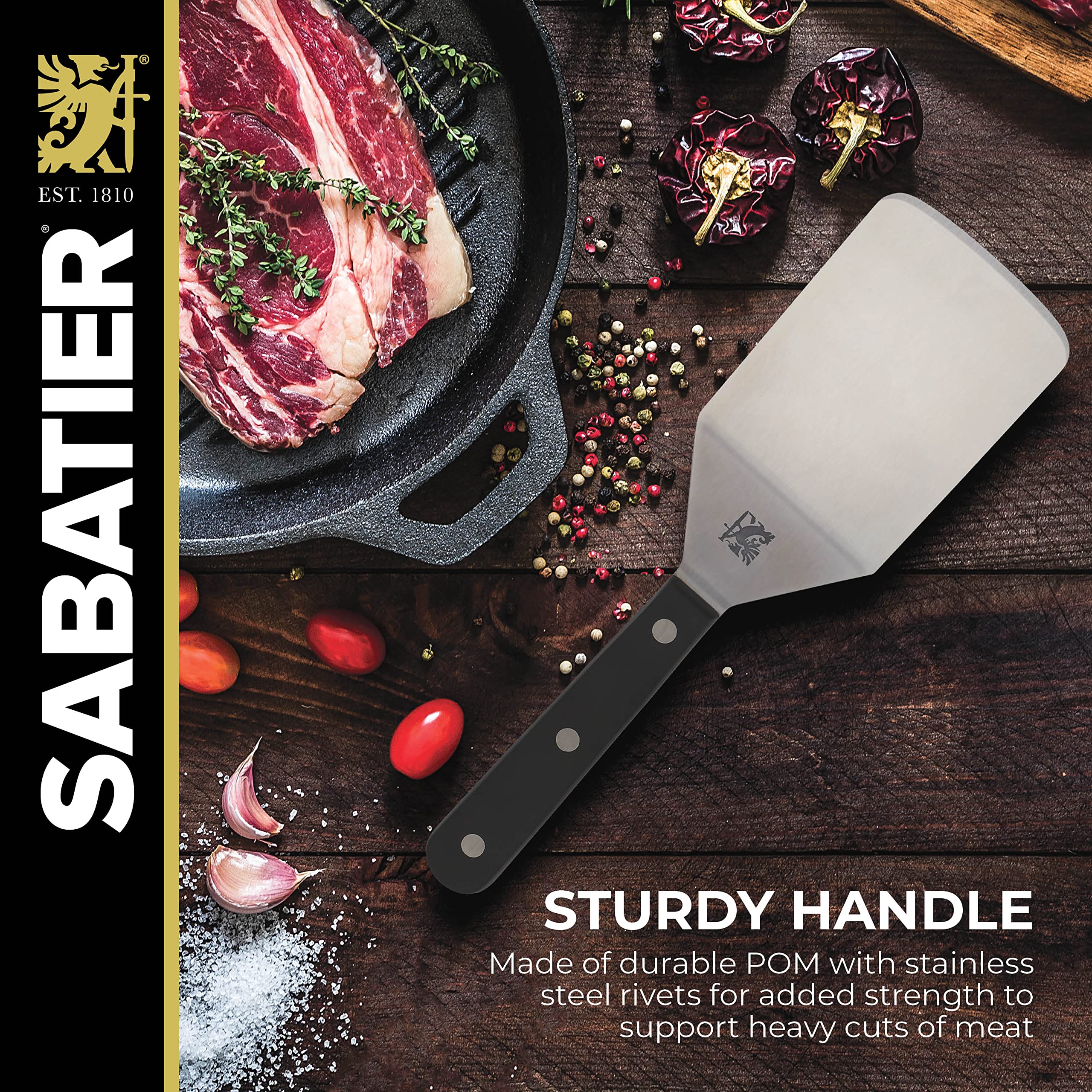 Sabatier Triple Rivet Wide Turner, 9.625" Stainless Steel Spatula, Black, Professional Grade for Cast Iron, Griddle & Grill Cooking