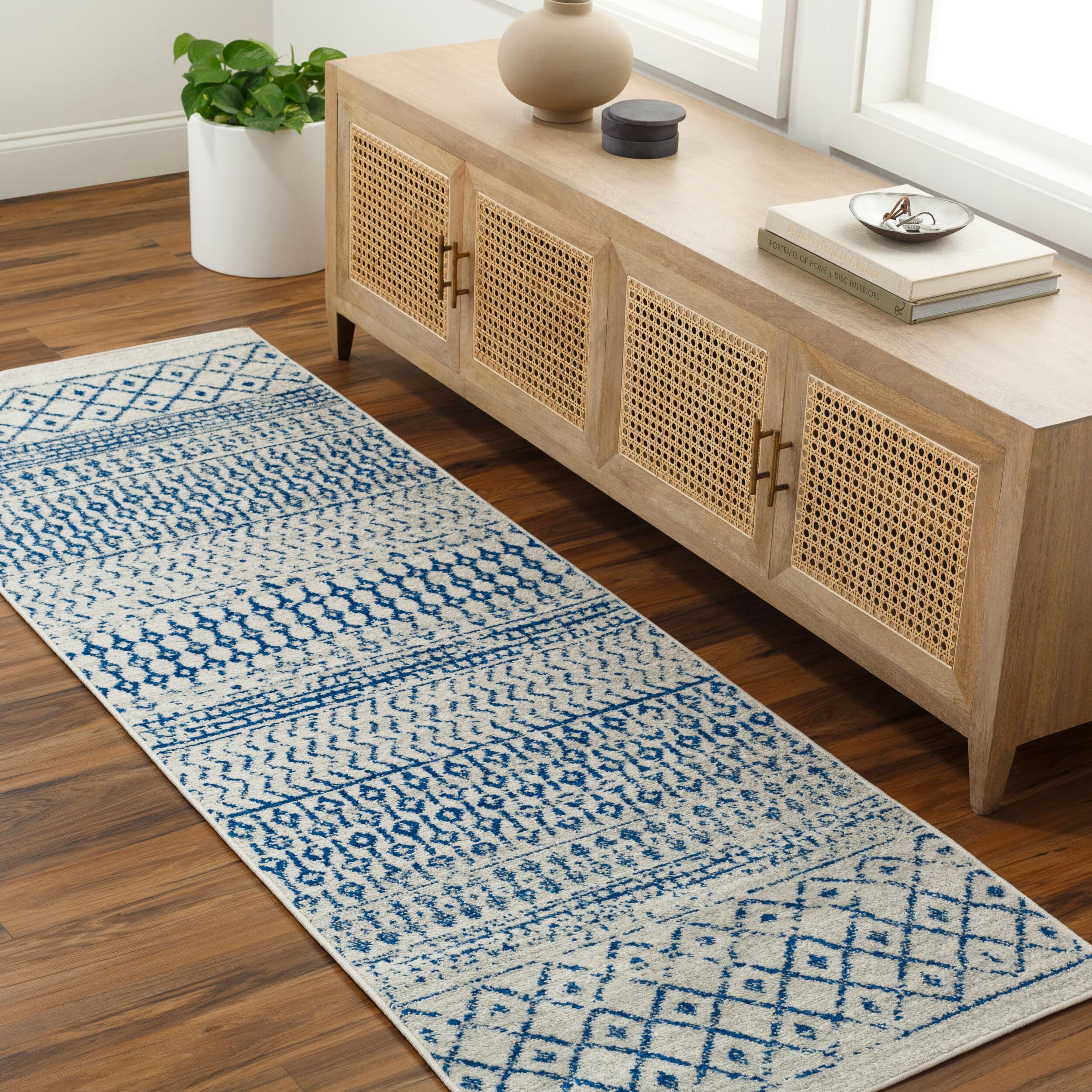 Livabliss Area Rugs - 2x18 Chester Boho Moroccan Cream Runner Rug for Living Room Bedroom - Blue Slate Gray Geometric Stain Resi