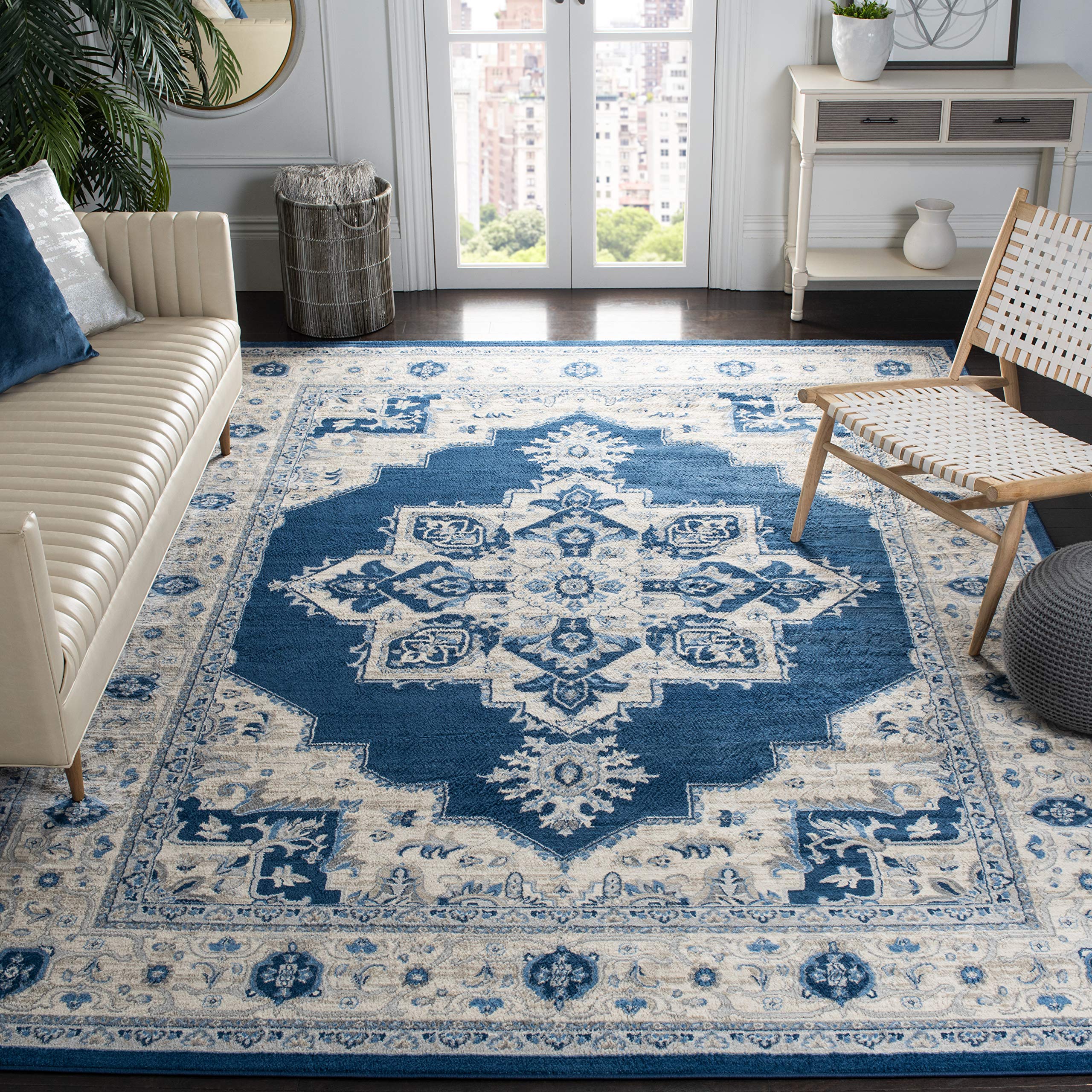 SAFAVIEH Brentwood Collection X-Large Area Rug - 11 x 15, Navy & Creme, Medallion Distressed Design, Non-Shedding & Easy Care,